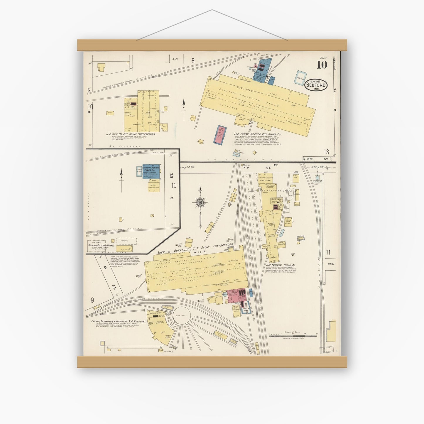 Old map wall art mockup — magnetic wood frame on white wall — Sanborn Fire Insurance Map from Bedford, Lawrence County, Indiana (1922), Sheet #0010