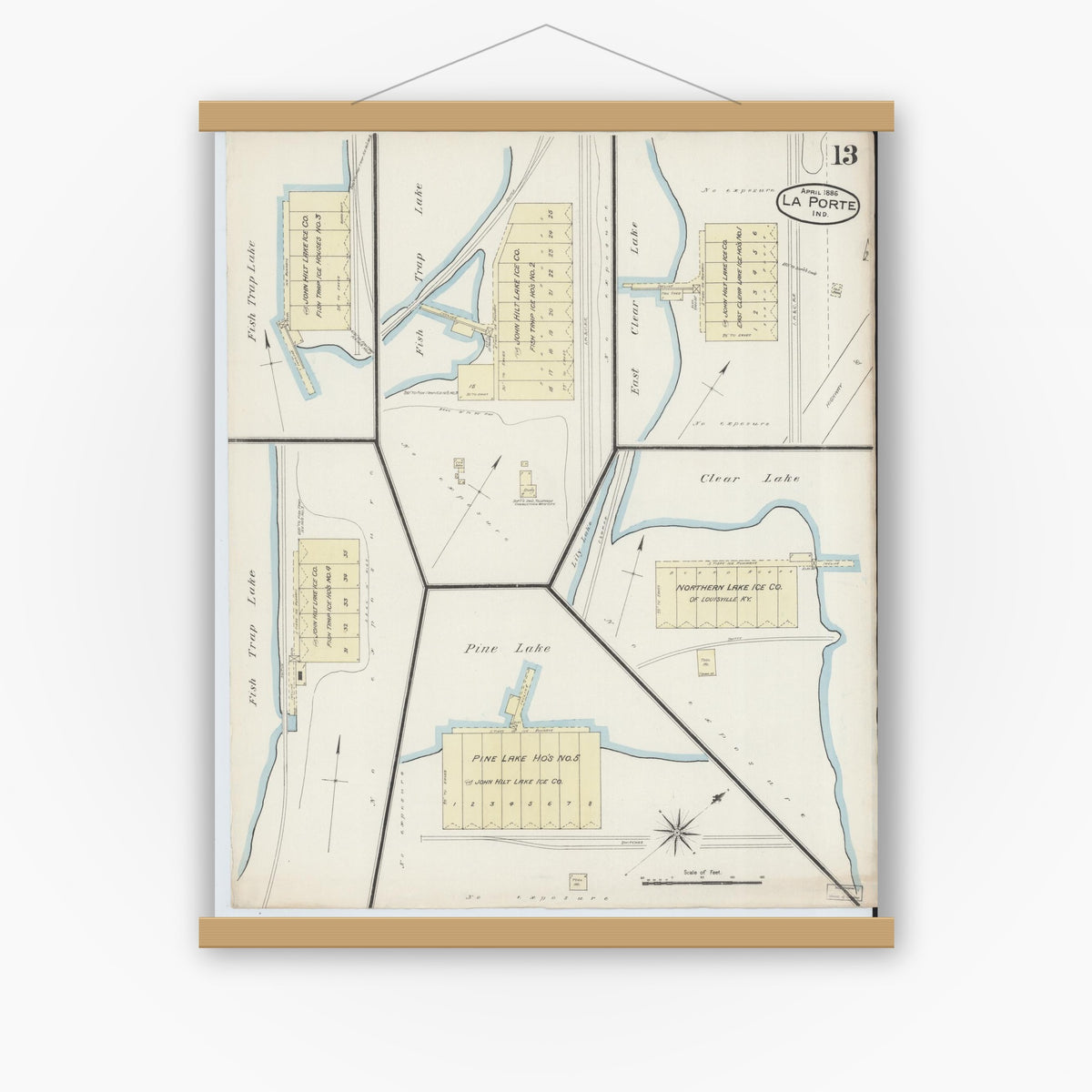 Old map wall art mockup — magnetic wood frame on white wall — Sanborn Fire Insurance Map from La Porte, La Porte County, Indiana (1886), Sheet #0013