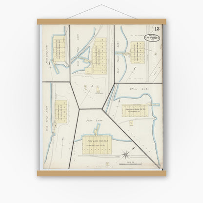 Old map wall art mockup — magnetic wood frame on white wall — Sanborn Fire Insurance Map from La Porte, La Porte County, Indiana (1886), Sheet #0013