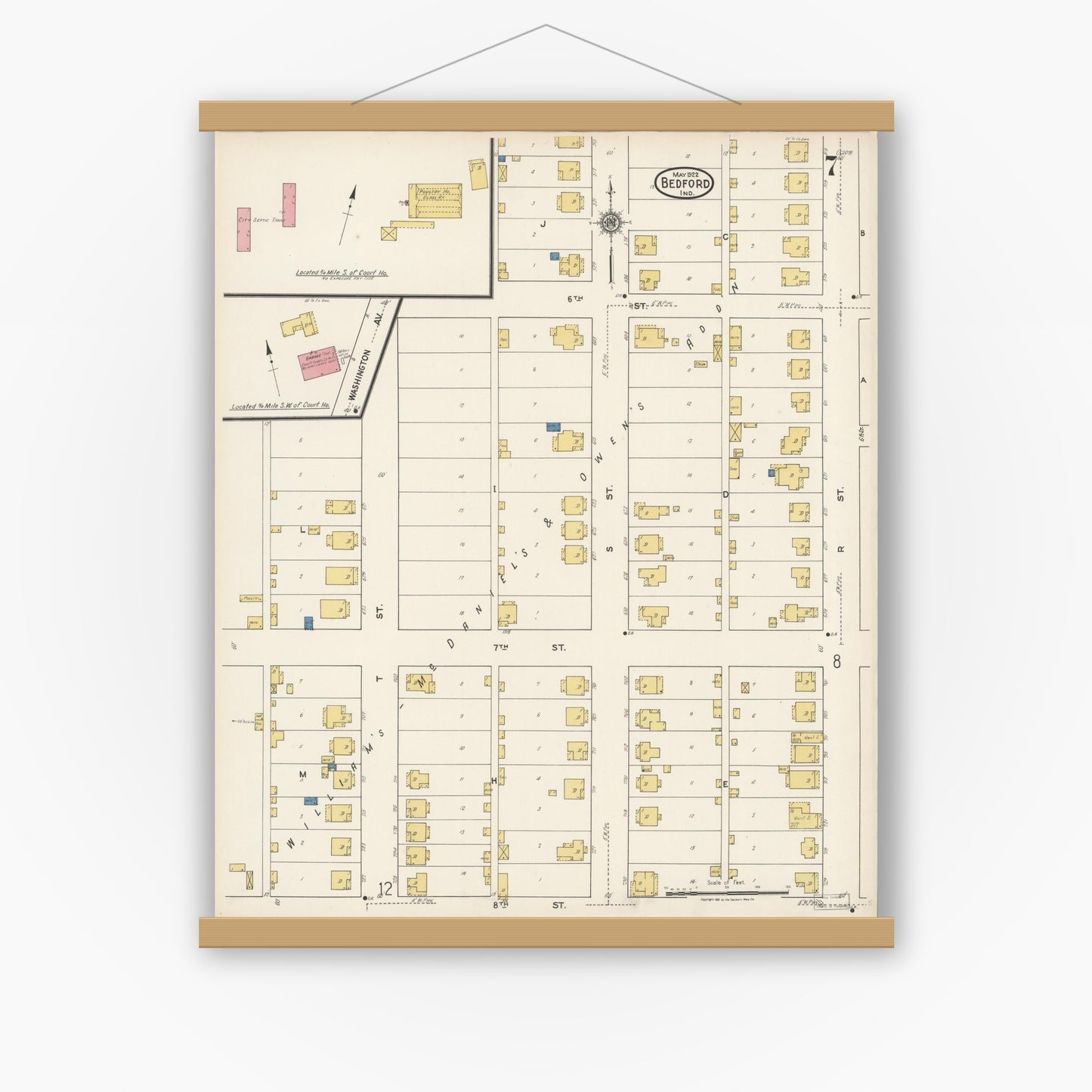 Old map wall art mockup — magnetic wood frame on white wall — Sanborn Fire Insurance Map from Bedford, Lawrence County, Indiana (1922), Sheet #0007