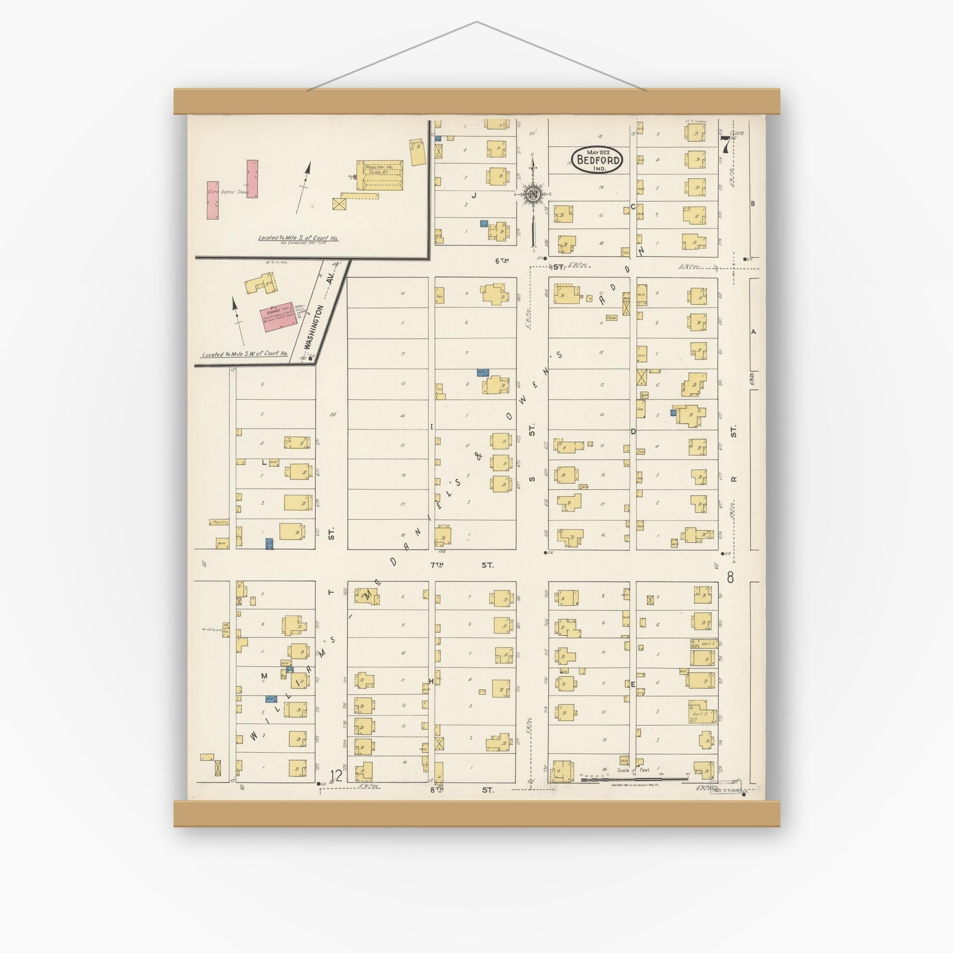 Old map wall art mockup — magnetic wood frame on white wall — Sanborn Fire Insurance Map from Bedford, Lawrence County, Indiana (1922), Sheet #0007