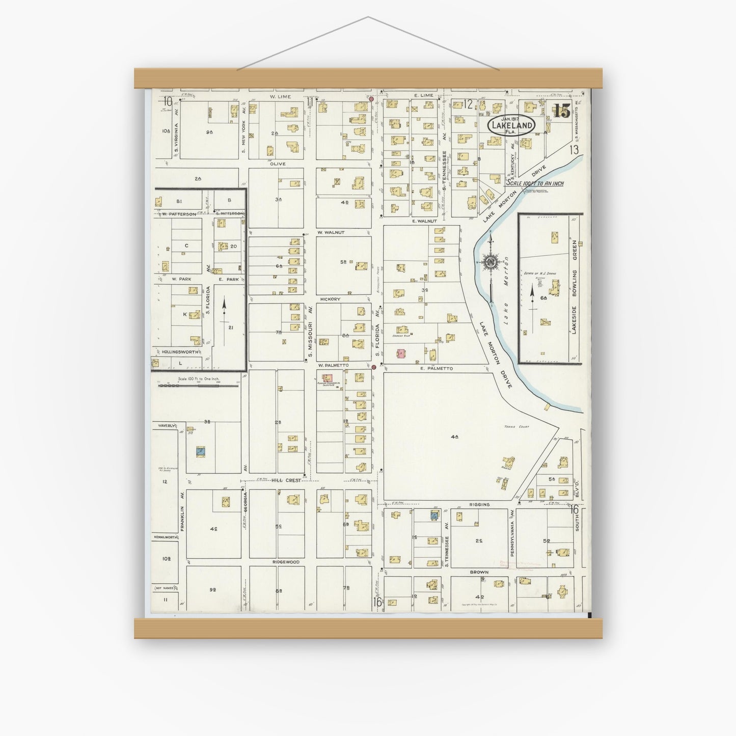 Old map wall art mockup — magnetic wood frame on white wall — Sanborn Fire Insurance Map from Lakeland, Polk County, Florida (1917), Sheet #0015
