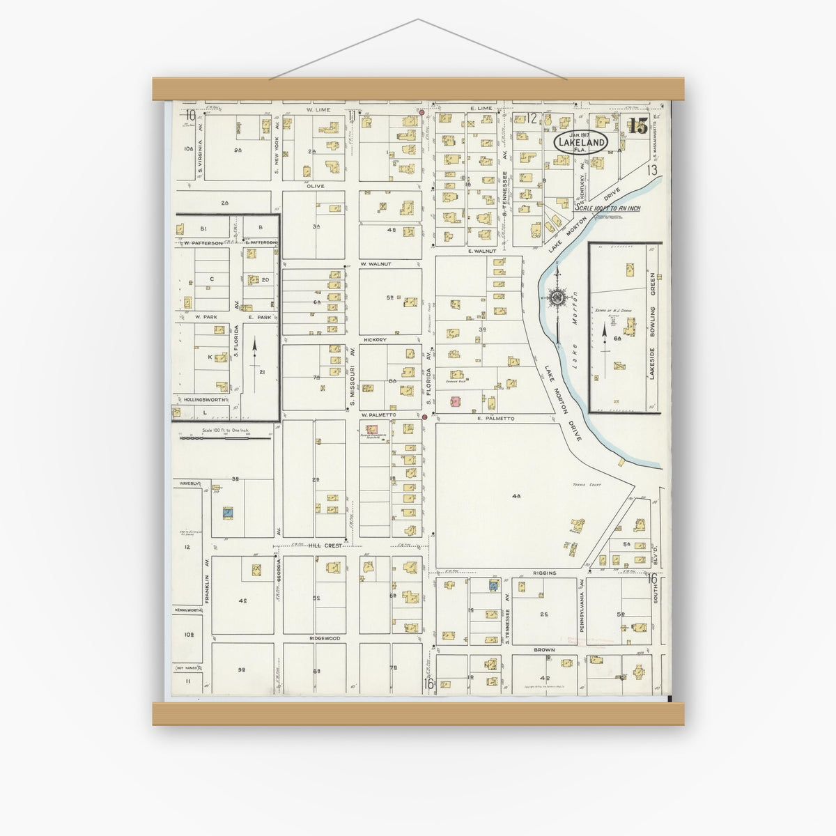 Old map wall art mockup — magnetic wood frame on white wall — Sanborn Fire Insurance Map from Lakeland, Polk County, Florida (1917), Sheet #0015