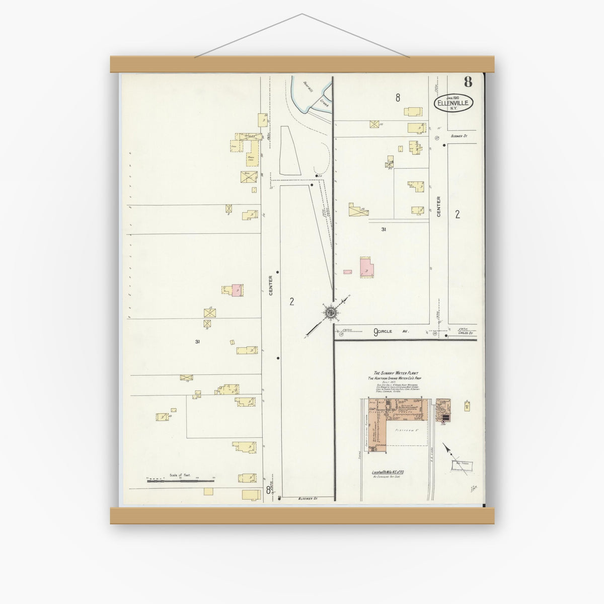 Old map wall art mockup — magnetic wood frame on white wall — Sanborn Fire Insurance Map from Ellenville, Ulster County, New York (1910), Sheet #0008