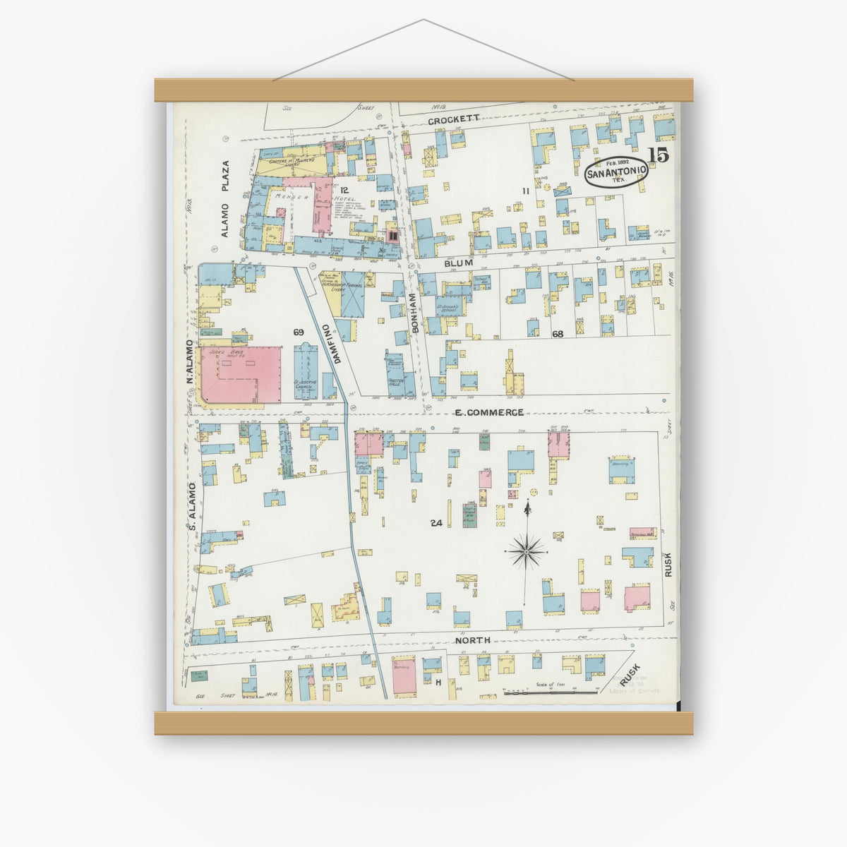 Old map wall art mockup — magnetic wood frame on white wall — Sanborn Fire Insurance Map from San Antonio, Bexar County, Texas (1892), Sheet #0015