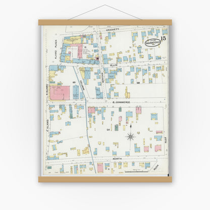 Old map wall art mockup — magnetic wood frame on white wall — Sanborn Fire Insurance Map from San Antonio, Bexar County, Texas (1892), Sheet #0015