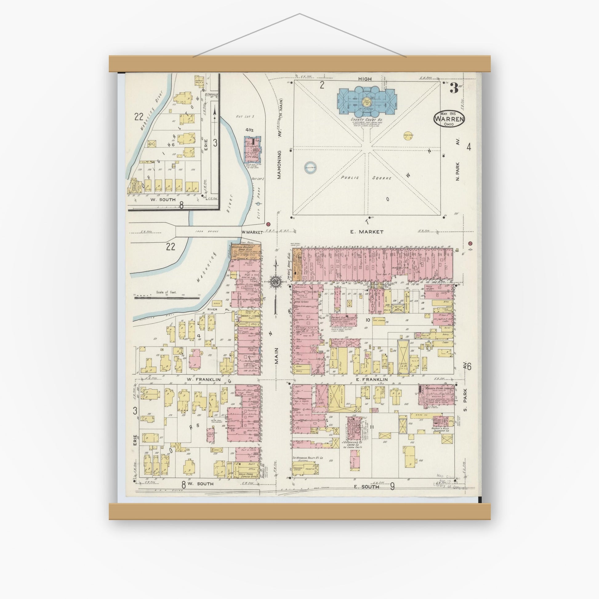 Old map wall art mockup — magnetic wood frame on white wall — Sanborn Fire Insurance Map from Warren, Trumbull County, Ohio (1915), Sheet #0003