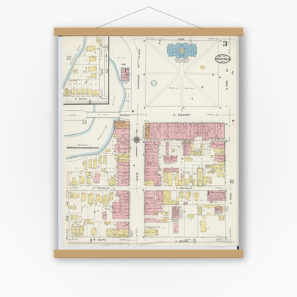 Old map wall art mockup — magnetic wood frame on white wall — Sanborn Fire Insurance Map from Warren, Trumbull County, Ohio (1915), Sheet #0003