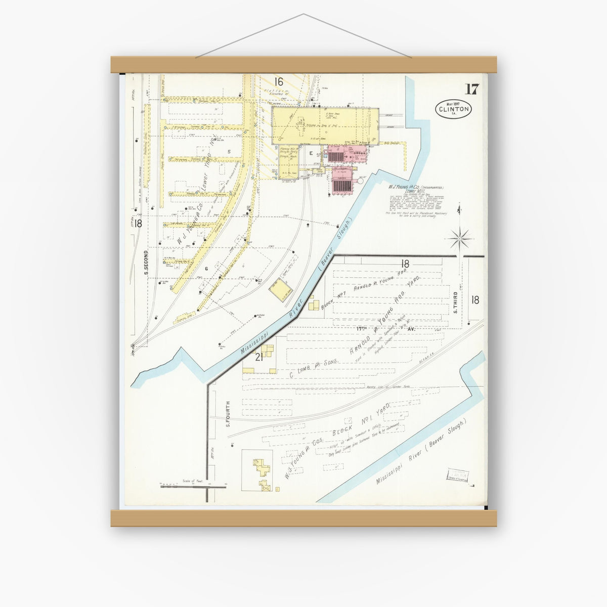 Old map wall art mockup — magnetic wood frame on white wall — Sanborn Fire Insurance Map from Clinton, Clinton County, Iowa (1897), Sheet #0017
