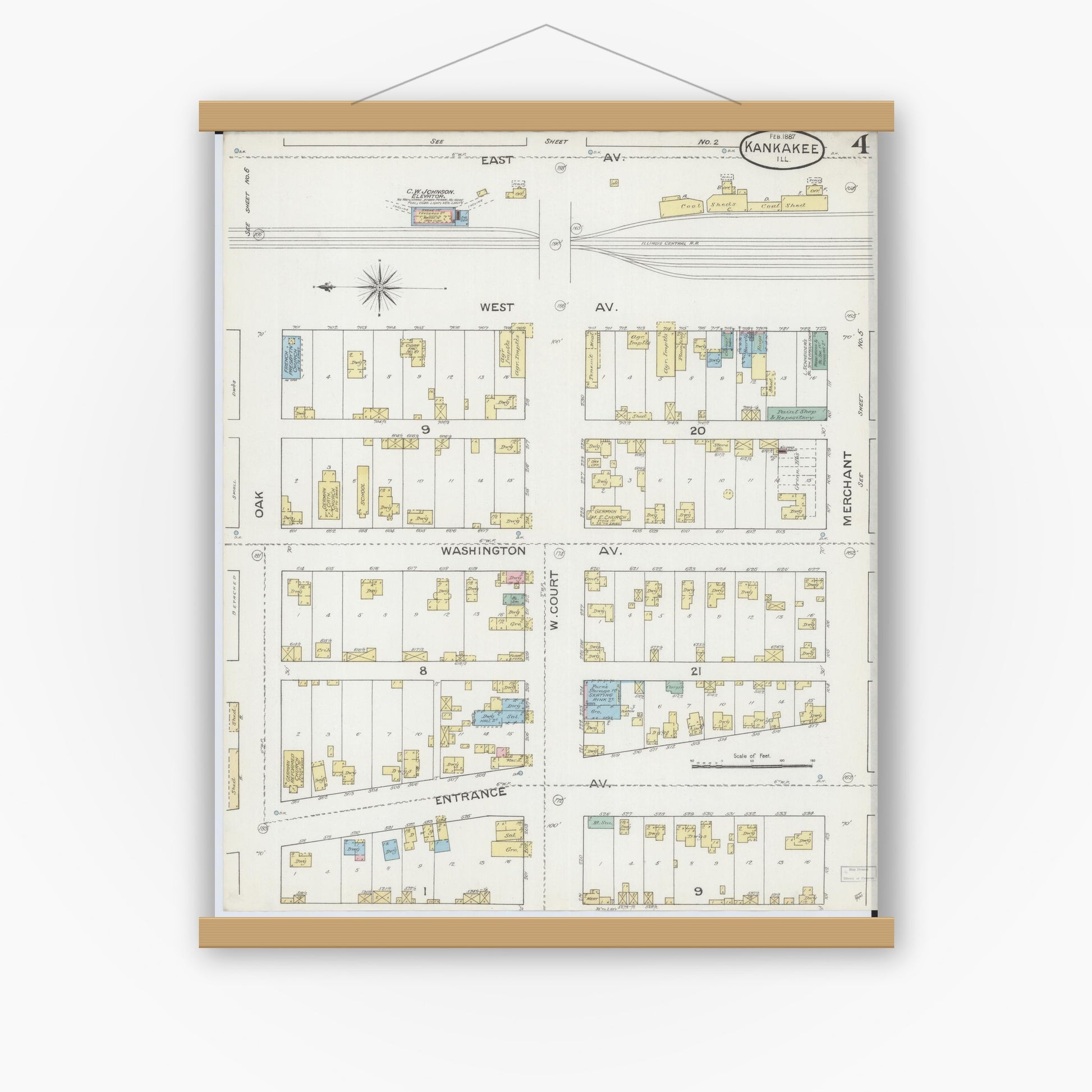 Old map wall art mockup — magnetic wood frame on white wall — Sanborn Fire Insurance Map from Kankakee, Kankakee County, Illinois (1887), Sheet #0004