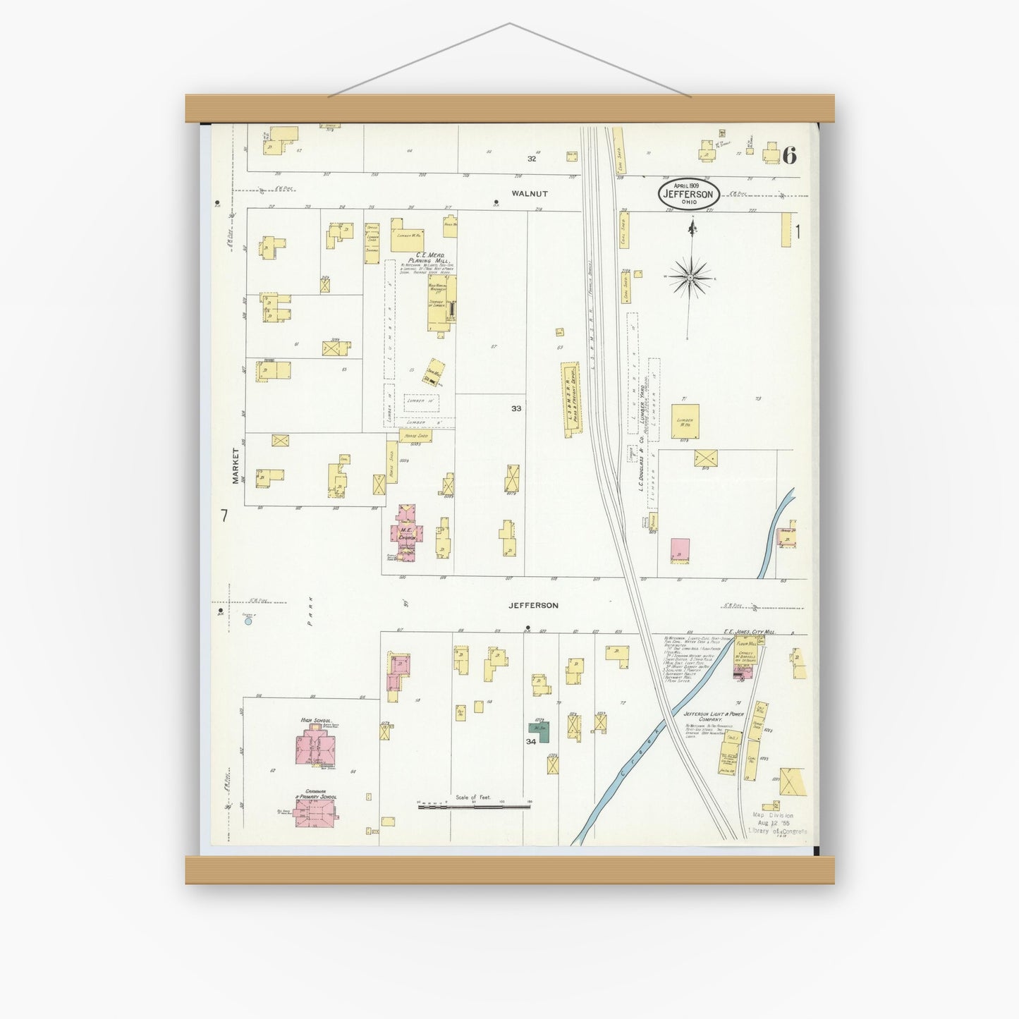 Old map wall art mockup — magnetic wood frame on white wall — Sanborn Fire Insurance Map from Jefferson, Ashtabula County, Ohio (1909), Sheet #0006