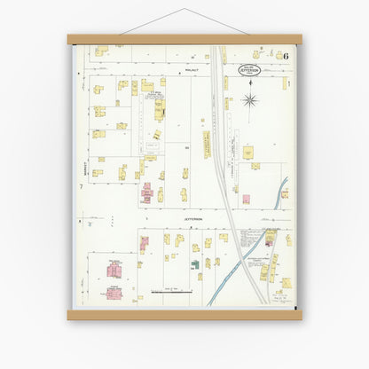 Old map wall art mockup — magnetic wood frame on white wall — Sanborn Fire Insurance Map from Jefferson, Ashtabula County, Ohio (1909), Sheet #0006