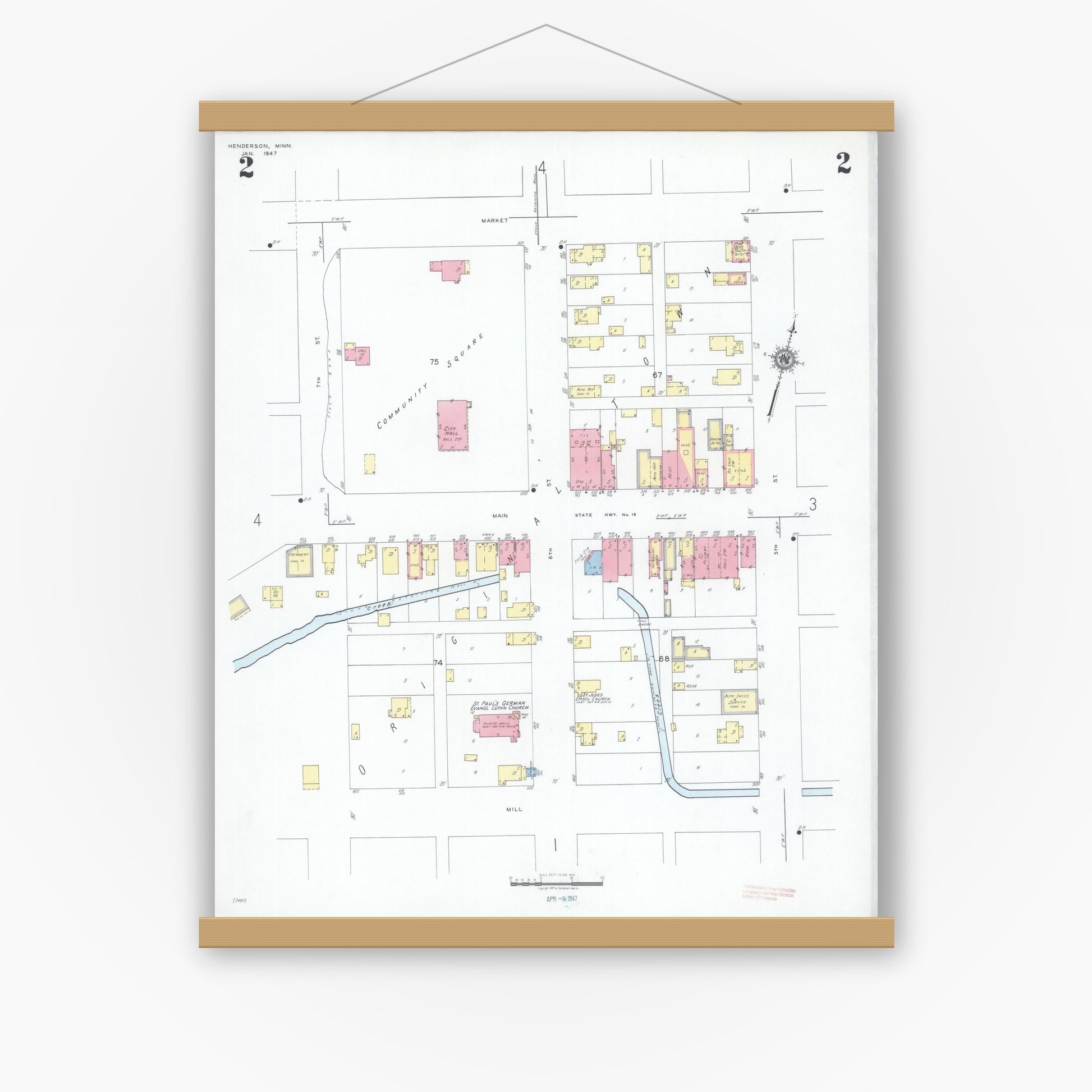 Old map wall art mockup — magnetic wood frame on white wall — Sanborn Fire Insurance Map from Henderson, Sibley County, Minnesota (1947), Sheet #0002
