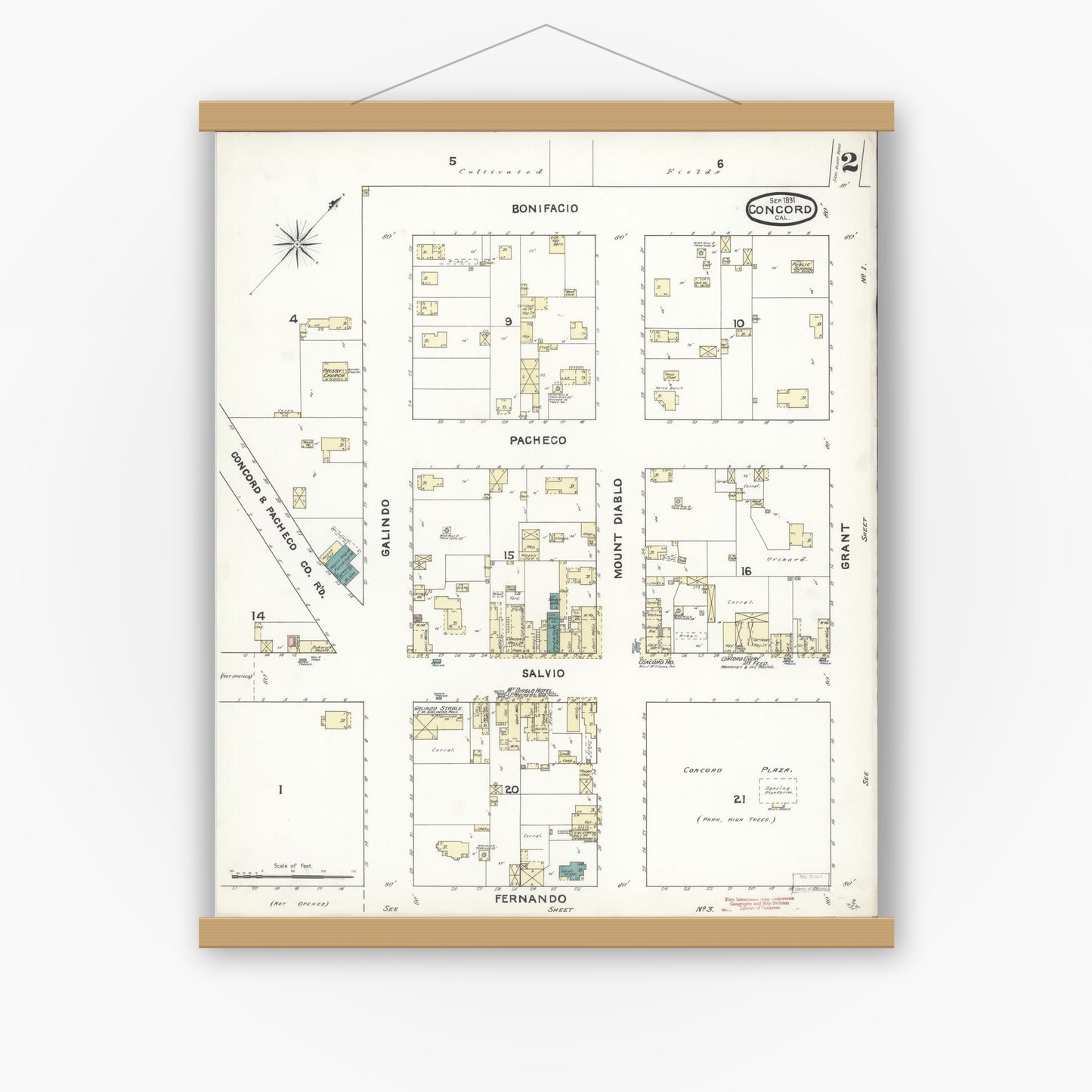 Old map wall art mockup — magnetic wood frame on white wall — Sanborn Fire Insurance Map from Concord, Contra Costa County, California (1891), Sheet #0002