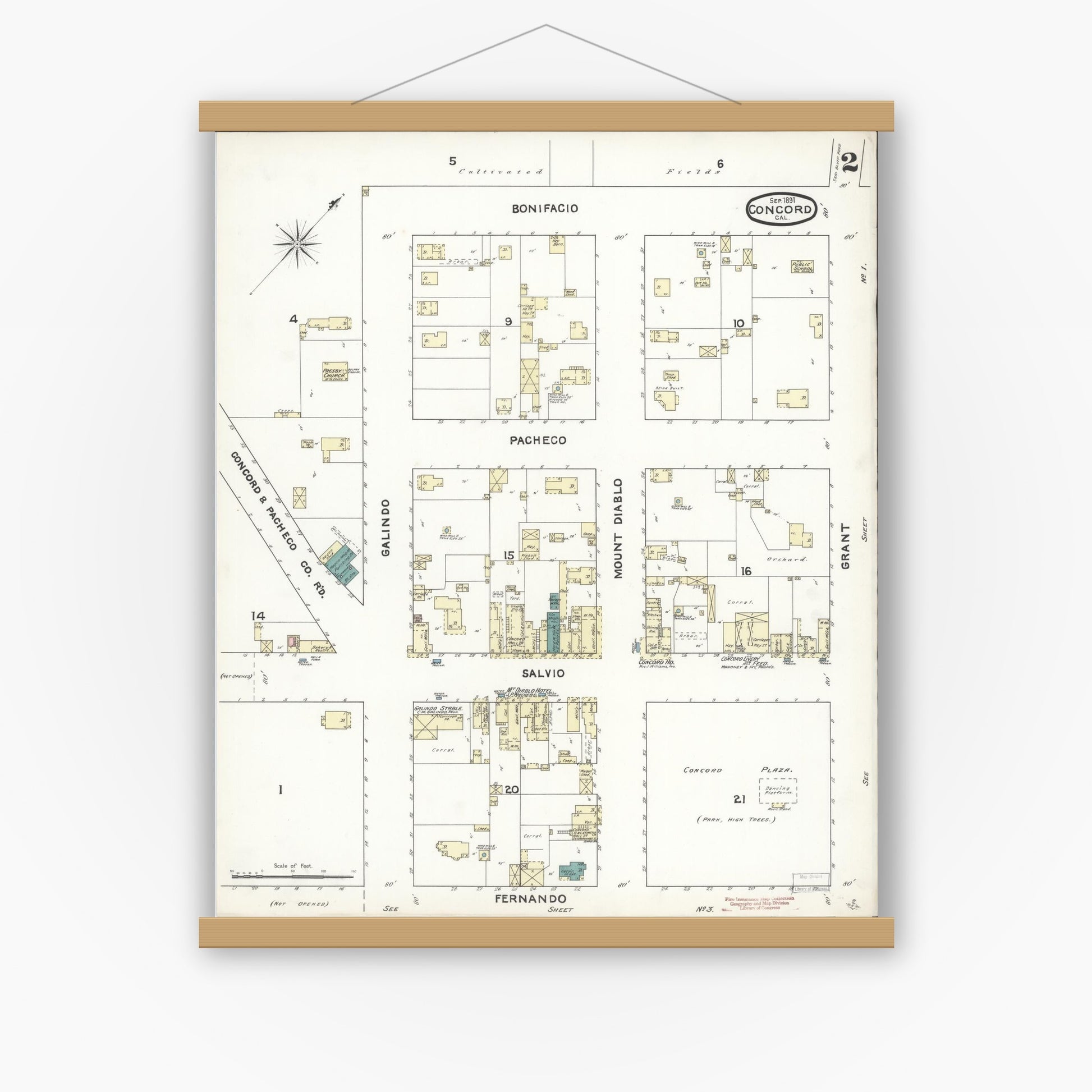 Old map wall art mockup — magnetic wood frame on white wall — Sanborn Fire Insurance Map from Concord, Contra Costa County, California (1891), Sheet #0002