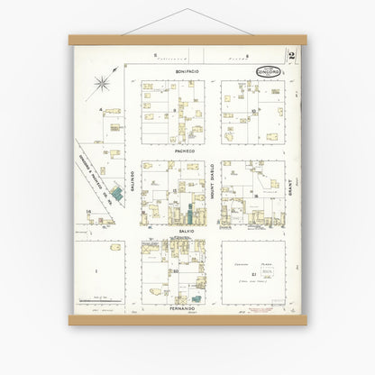 Old map wall art mockup — magnetic wood frame on white wall — Sanborn Fire Insurance Map from Concord, Contra Costa County, California (1891), Sheet #0002
