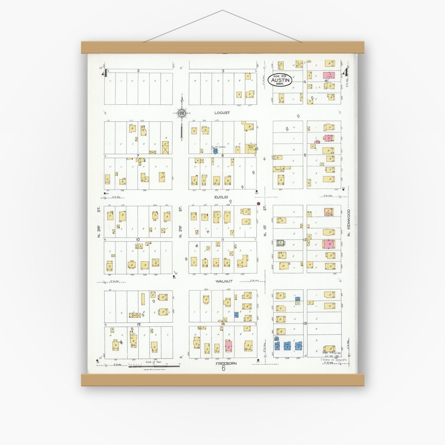 Old map wall art mockup — magnetic wood frame on white wall — Sanborn Fire Insurance Map from Austin, Mower County, Minnesota (1926), Sheet #0004