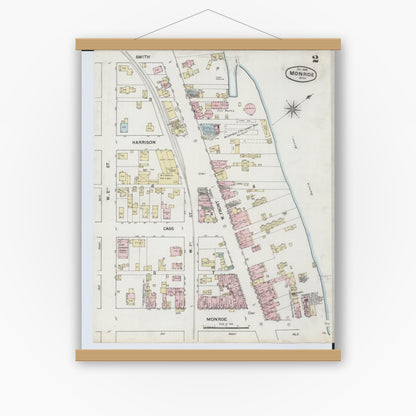 Old map wall art mockup — magnetic wood frame on white wall — Sanborn Fire Insurance Map from Monroe, Monroe County, Michigan (1888), Sheet #0002