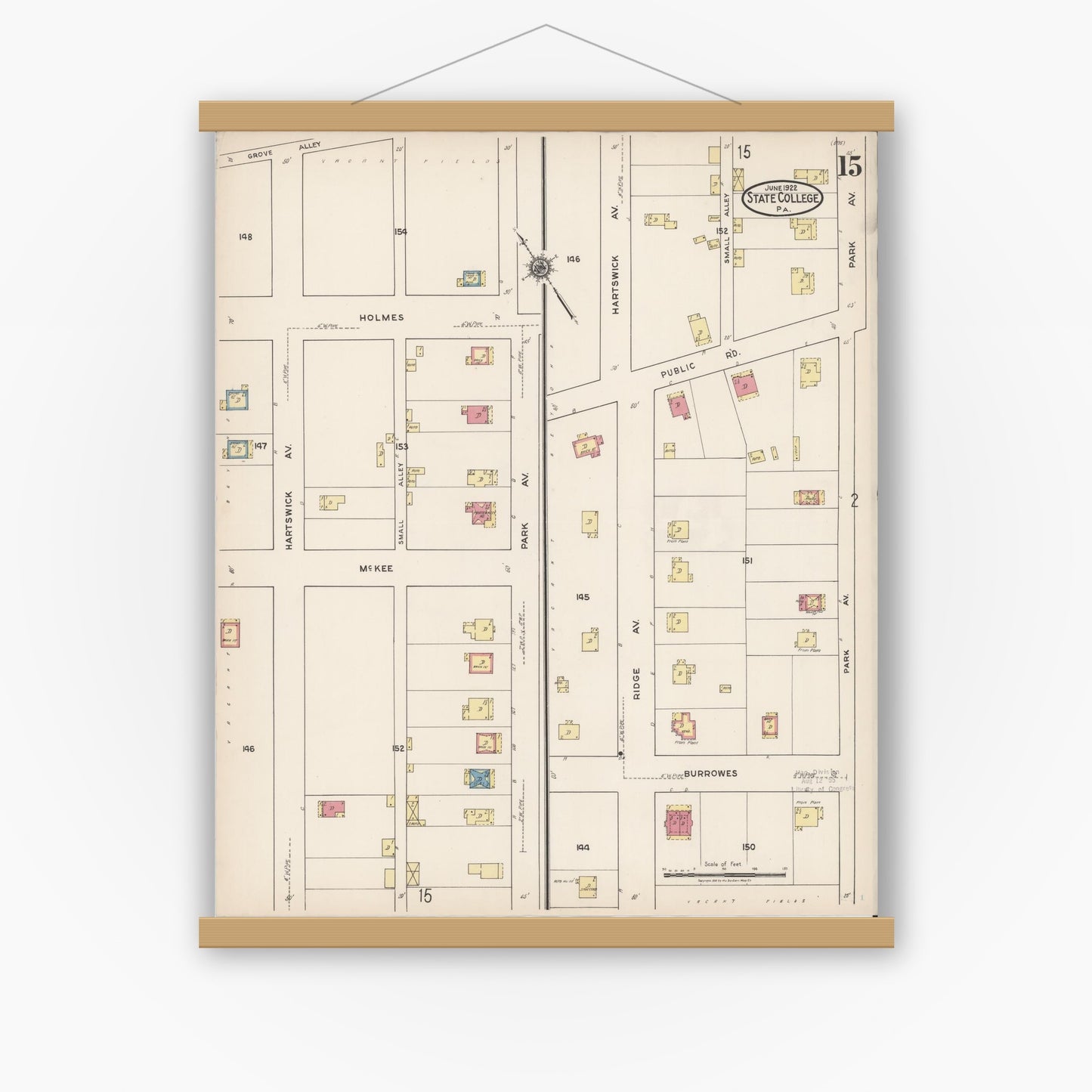Old map wall art mockup — magnetic wood frame on white wall — Sanborn Fire Insurance Map from State College, Centre County, Pennsylvania (1922), Sheet #0015