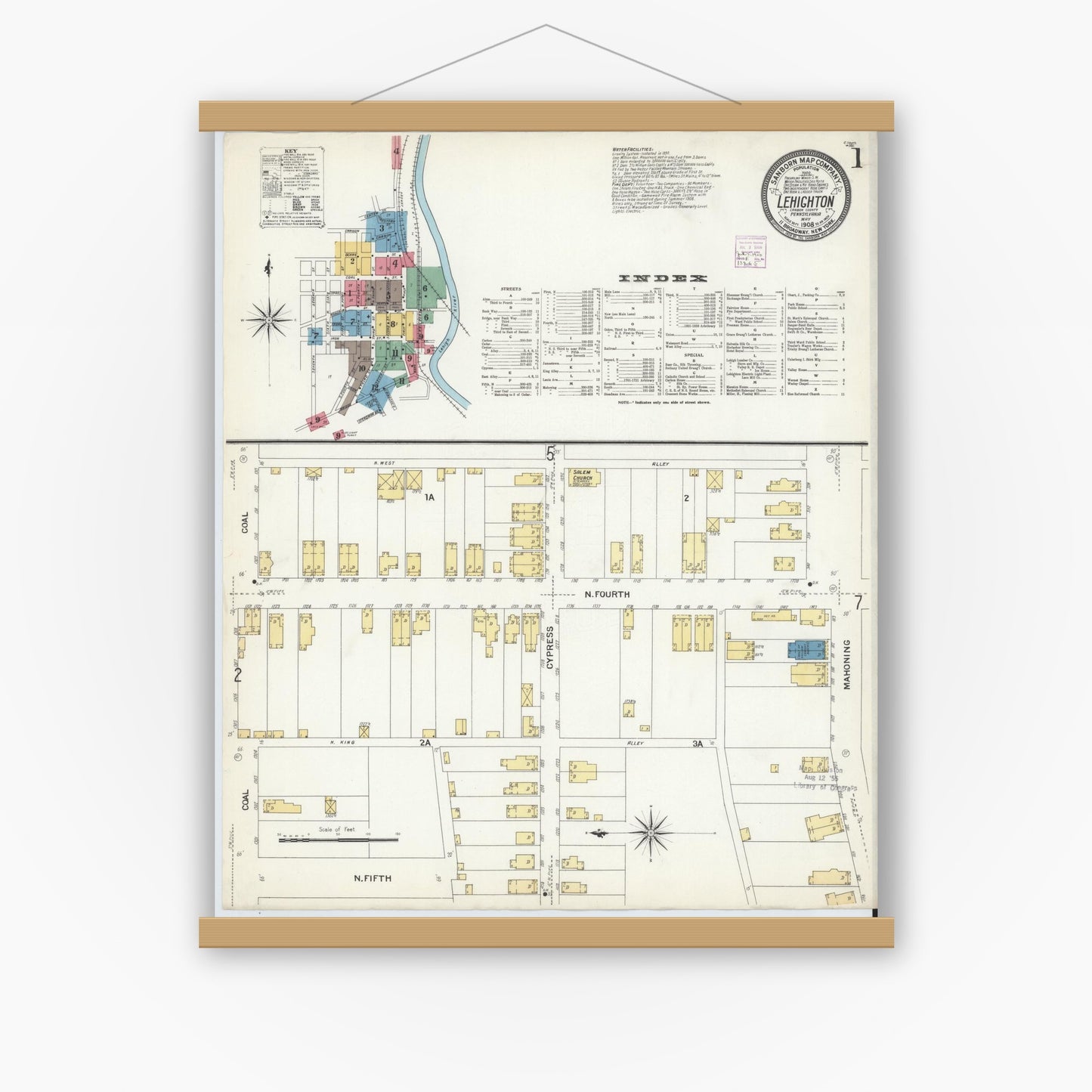 Old map wall art mockup — magnetic wood frame on white wall — Sanborn Fire Insurance Map from Lehighton, Carbon County, Pennsylvania (1908) - Complete Map Set