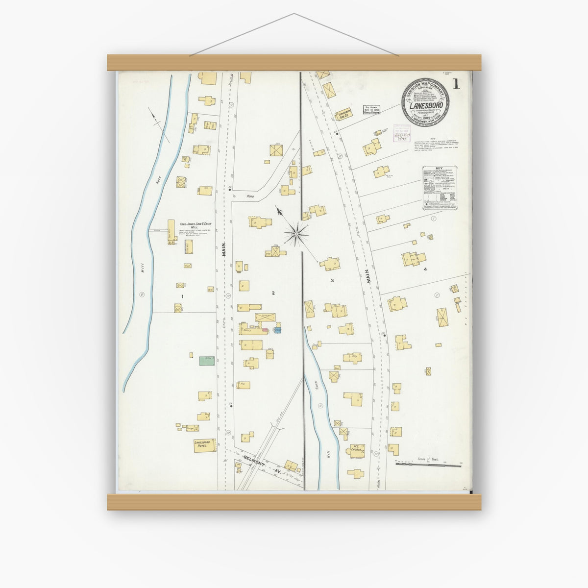 Old map wall art mockup — magnetic wood frame on white wall — Sanborn Fire Insurance Map from Lanesboro, Susquehanna County, Pennsylvania (1904) - Complete Map Set