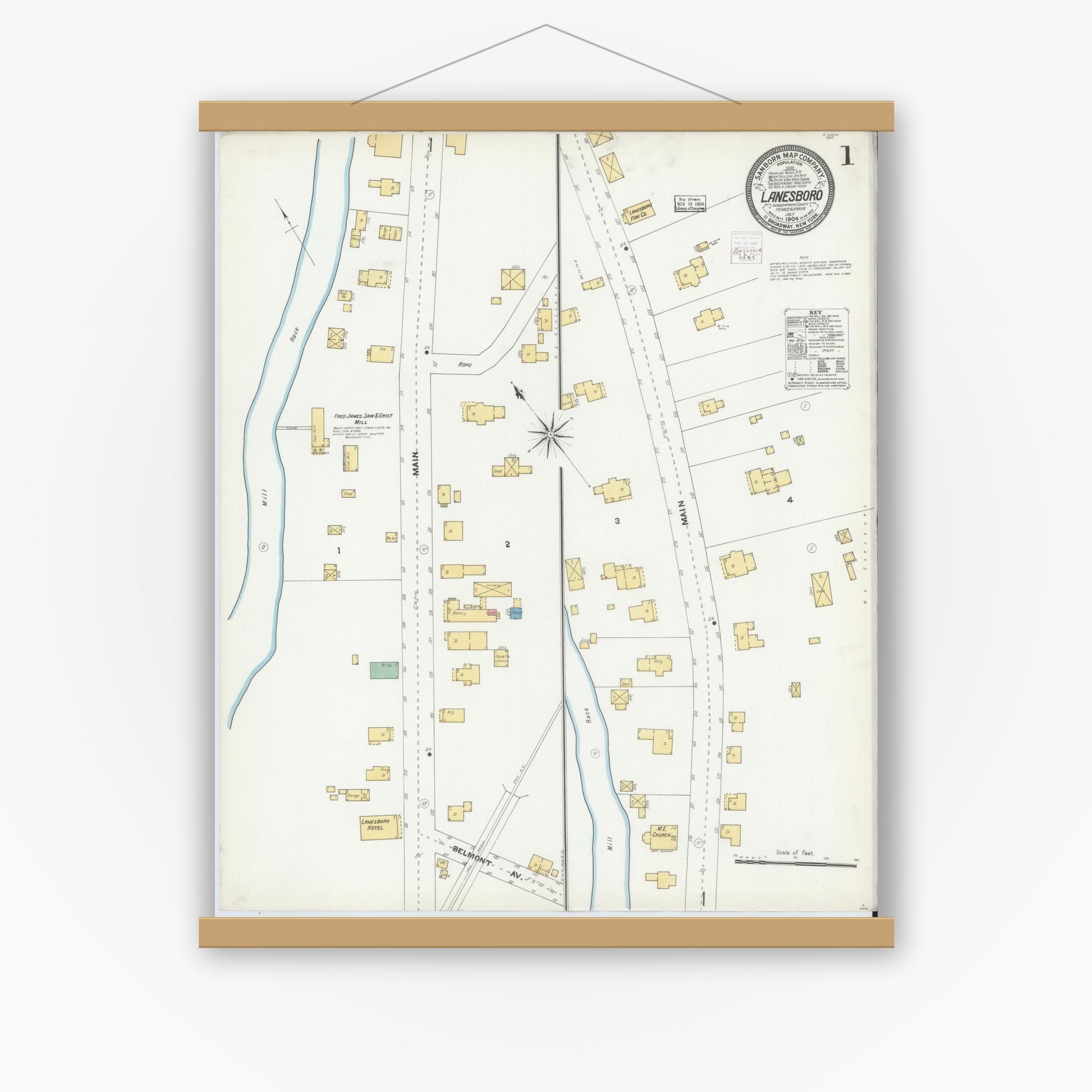 Old map wall art mockup — magnetic wood frame on white wall — Sanborn Fire Insurance Map from Lanesboro, Susquehanna County, Pennsylvania (1904) - Complete Map Set