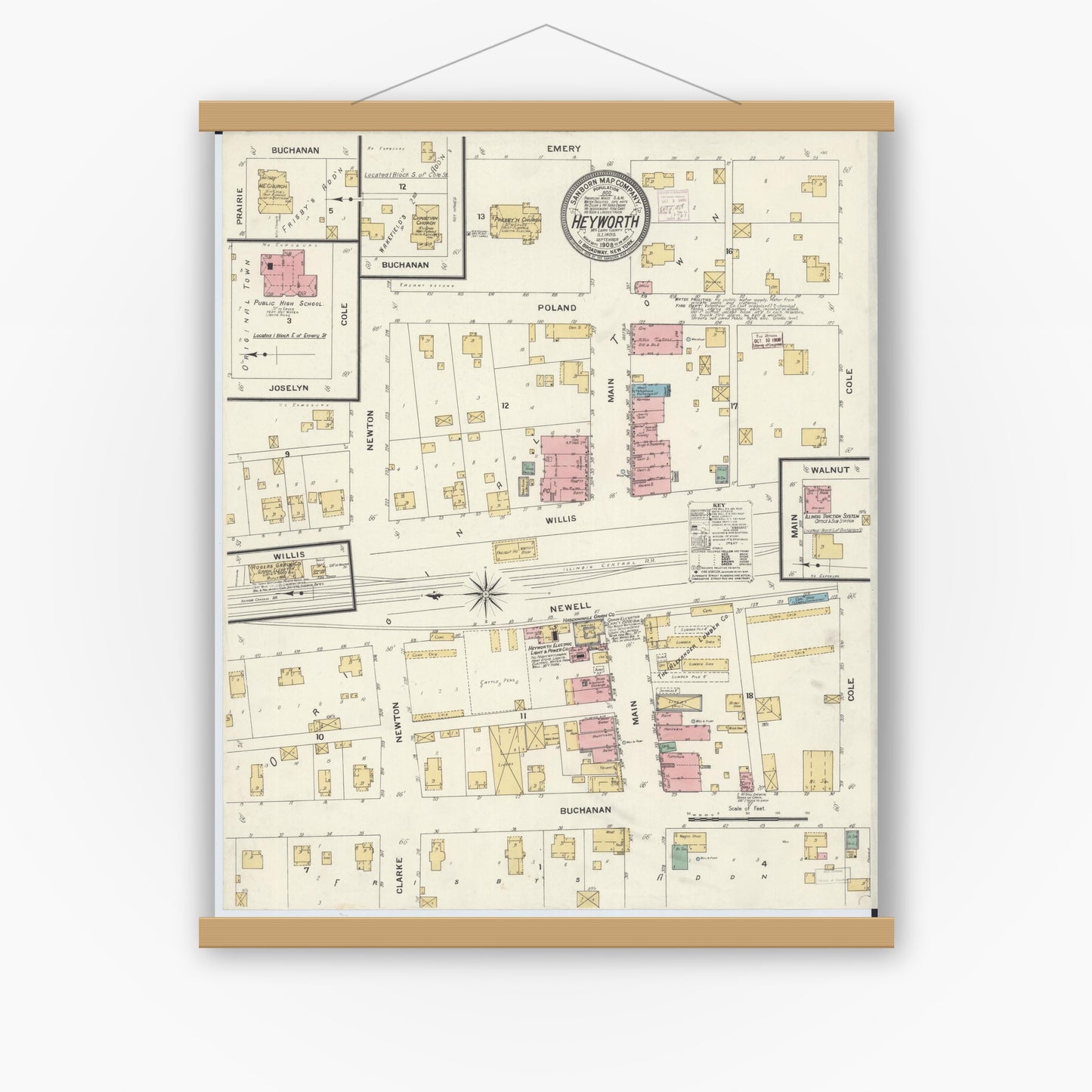 Old map wall art mockup — magnetic wood frame on white wall — Sanborn Fire Insurance Map from Heyworth, McLean County, Illinois (1908), Sheet #0001