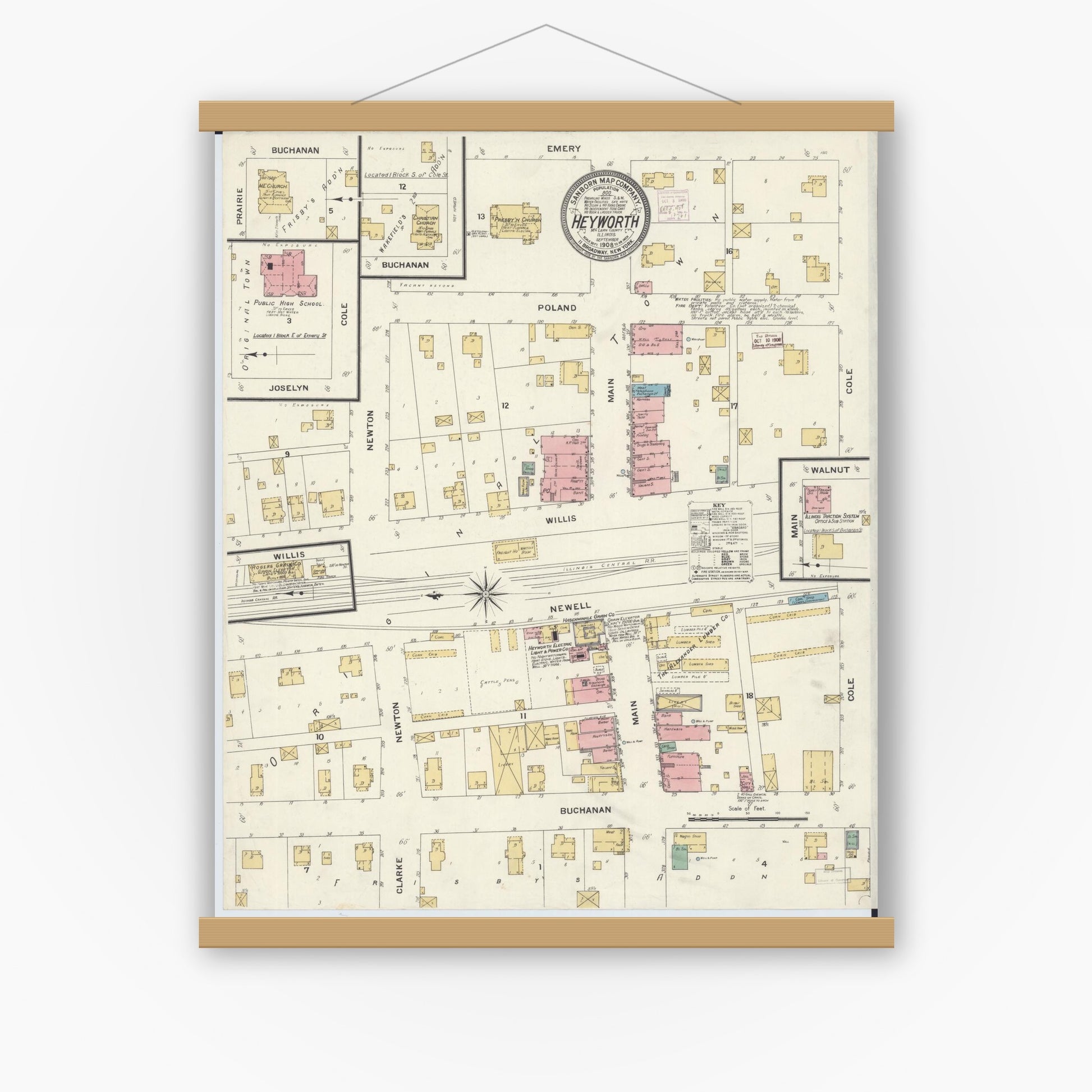 Old map wall art mockup — magnetic wood frame on white wall — Sanborn Fire Insurance Map from Heyworth, McLean County, Illinois (1908), Sheet #0001