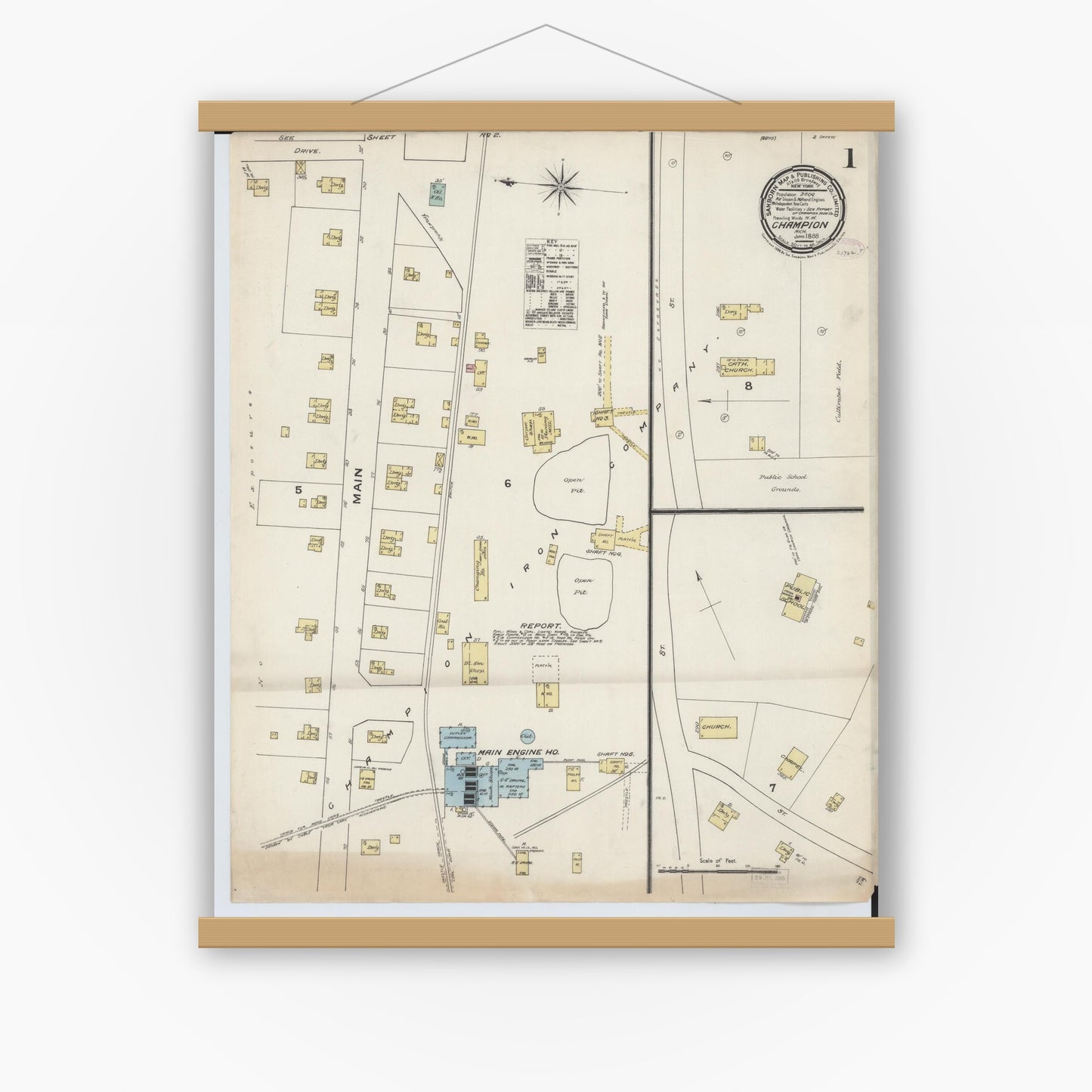Old map wall art mockup — magnetic wood frame on white wall — Sanborn Fire Insurance Map from Champion, Marquette County, Michigan (1888), Sheet #0001
