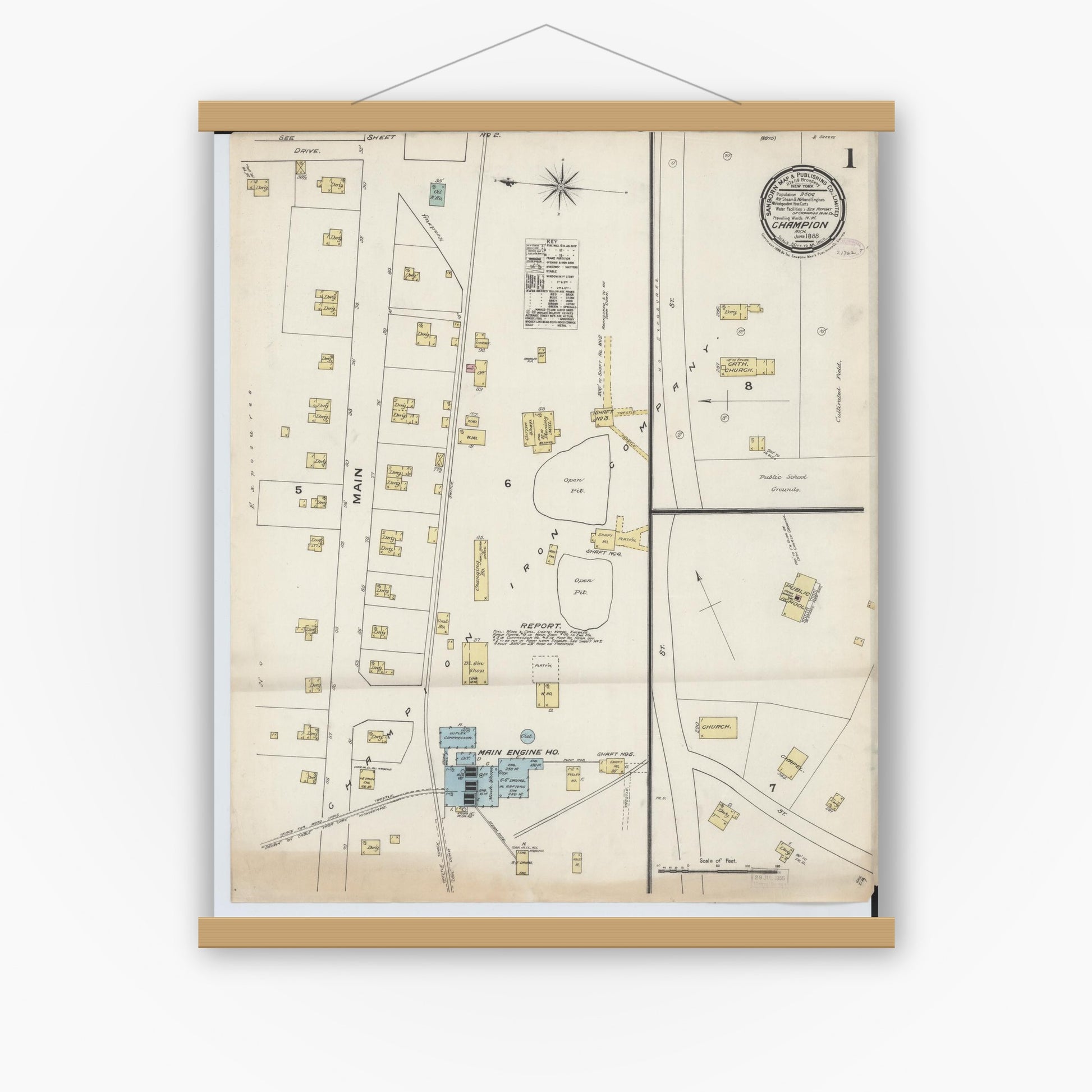 Old map wall art mockup — magnetic wood frame on white wall — Sanborn Fire Insurance Map from Champion, Marquette County, Michigan (1888), Sheet #0001