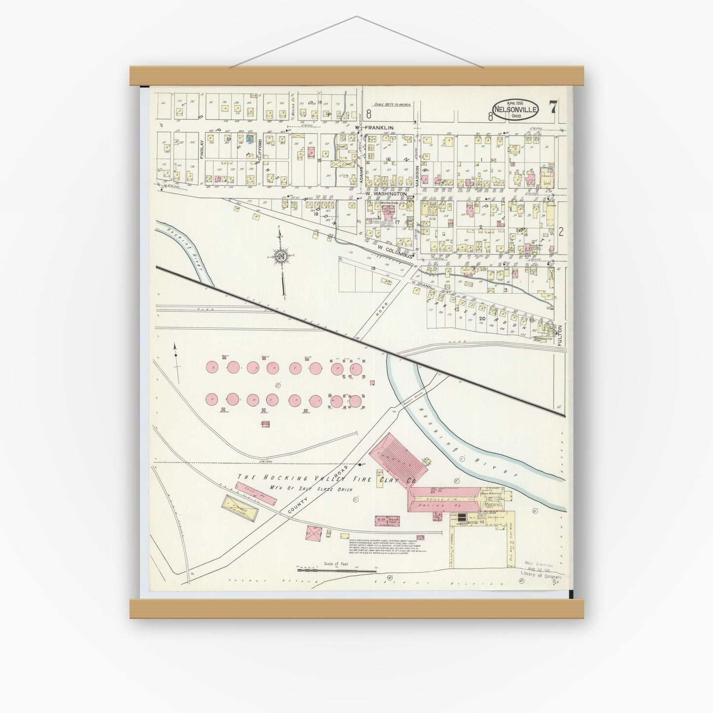 Old map wall art mockup — magnetic wood frame on white wall — Sanborn Fire Insurance Map from Nelsonville, Athens County, Ohio (1914), Sheet #0007