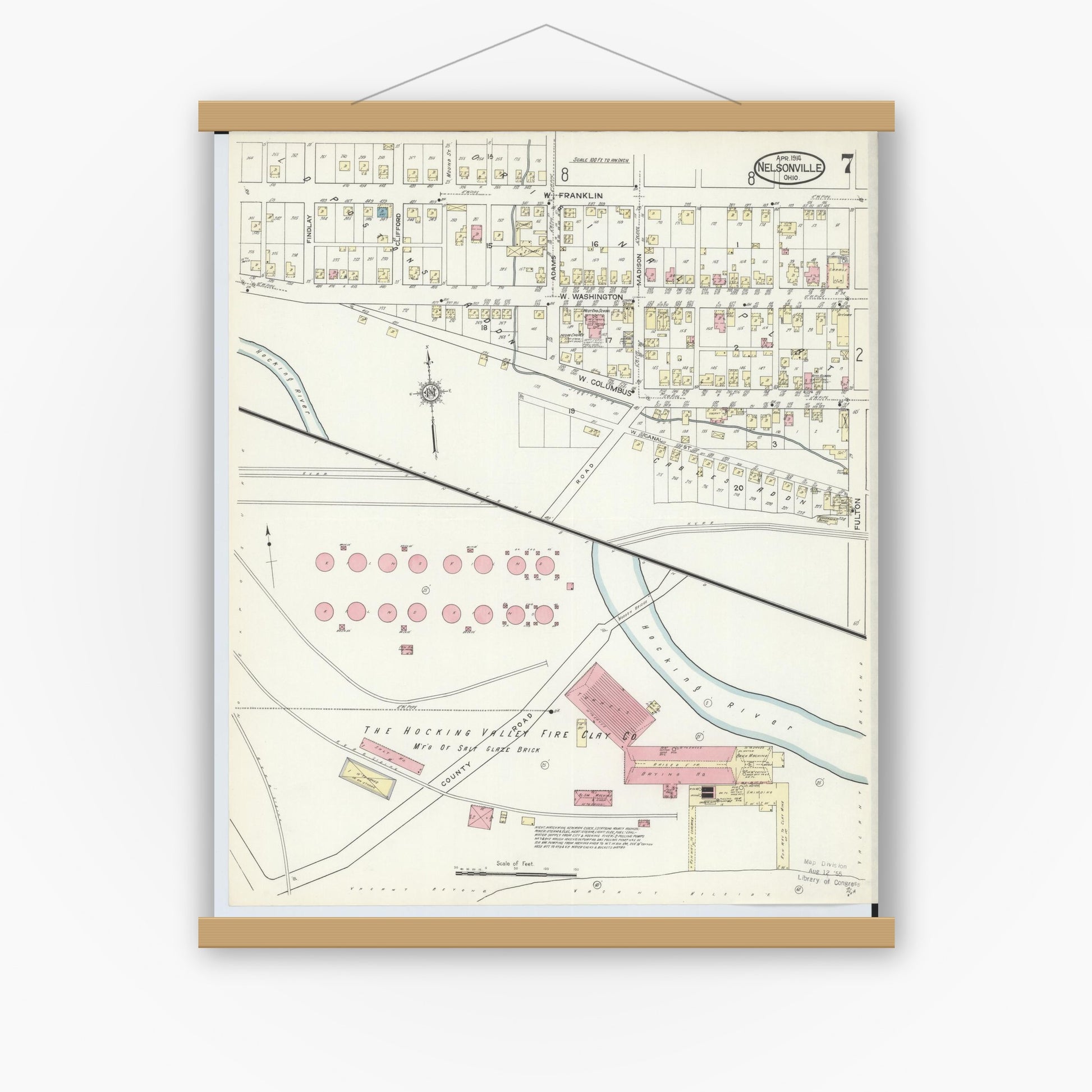 Old map wall art mockup — magnetic wood frame on white wall — Sanborn Fire Insurance Map from Nelsonville, Athens County, Ohio (1914), Sheet #0007