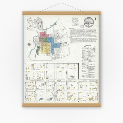 Old map wall art mockup — magnetic wood frame on white wall — Sanborn Fire Insurance Map from Georgetown, Williamson County, Texas (1916), Sheet #0001