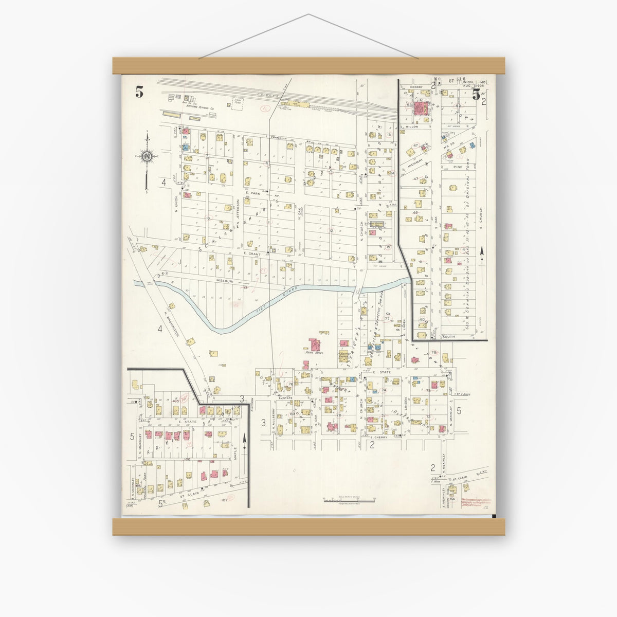 Old map wall art mockup — magnetic wood frame on white wall — Sanborn Fire Insurance Map from Union, Franklin County, Missouri (1935), Sheet #0005