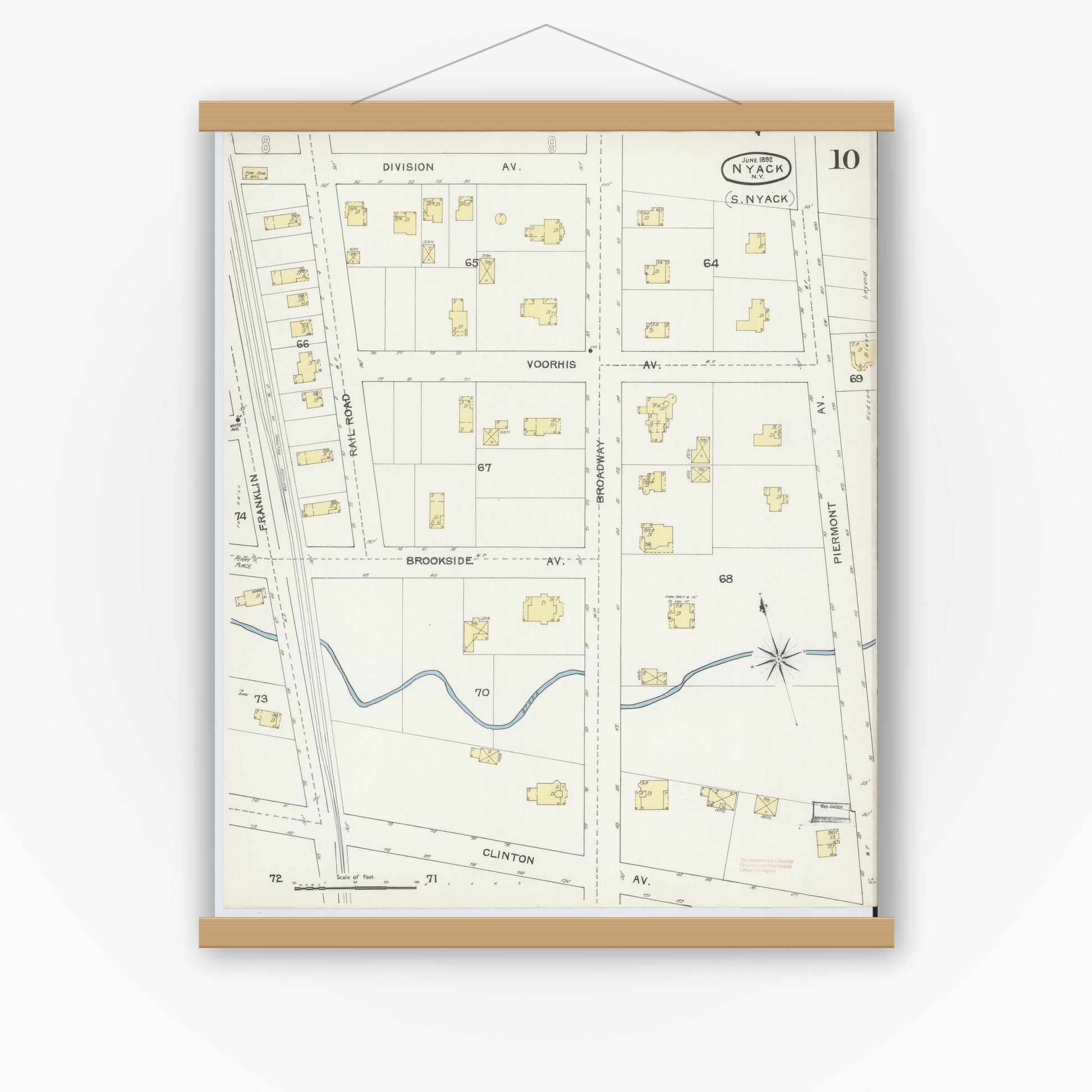 Old map wall art mockup — magnetic wood frame on white wall — Sanborn Fire Insurance Map from Nyack, Rockland County, New York. (1892), Sheet #0010