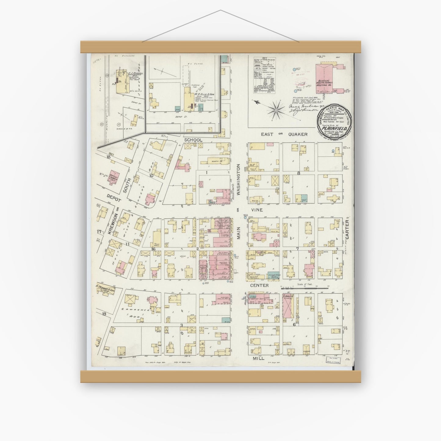 Old map wall art mockup — magnetic wood frame on white wall — Sanborn Fire Insurance Map from Plainfield, Hendricks County, Indiana (1893), Sheet #0001