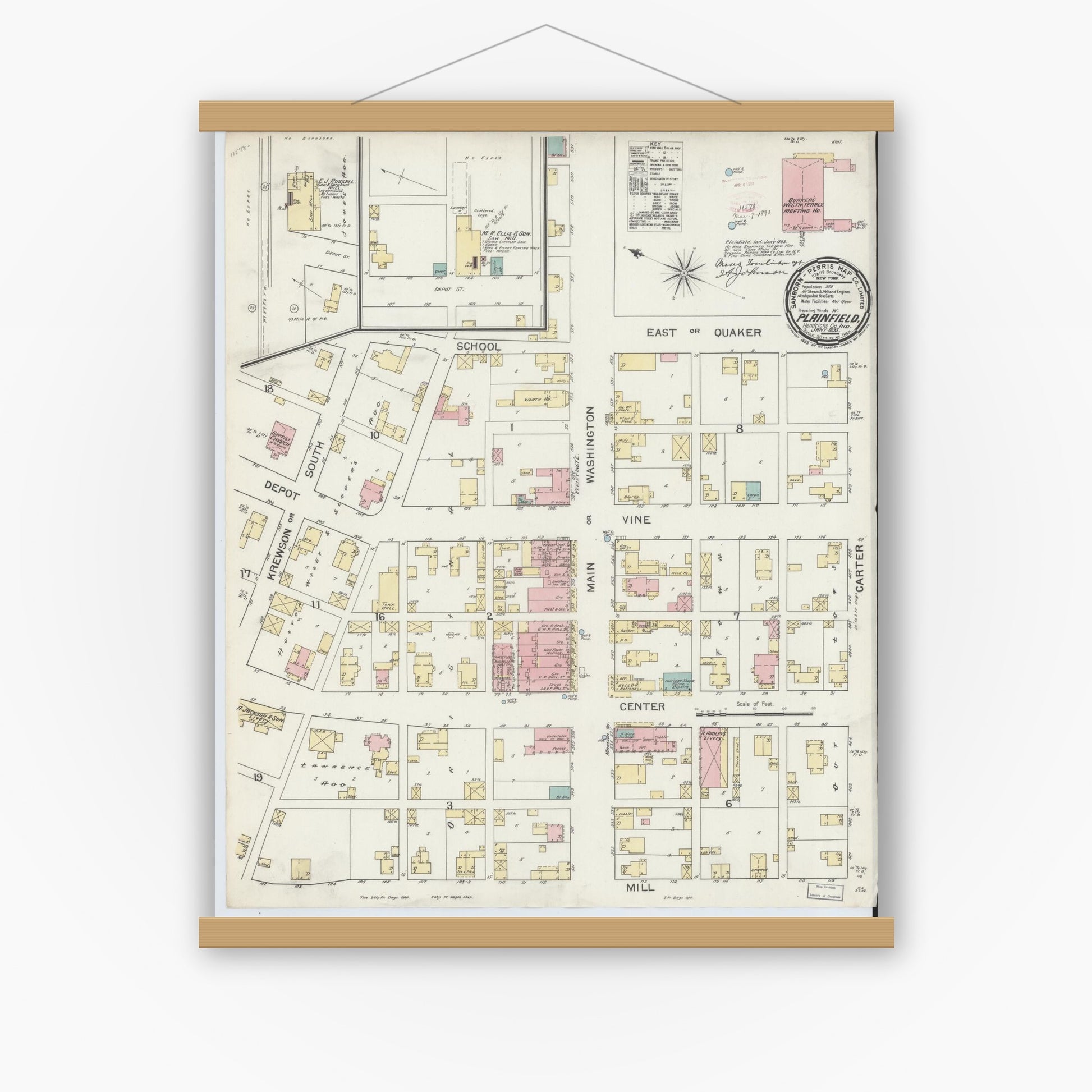 Old map wall art mockup — magnetic wood frame on white wall — Sanborn Fire Insurance Map from Plainfield, Hendricks County, Indiana (1893), Sheet #0001