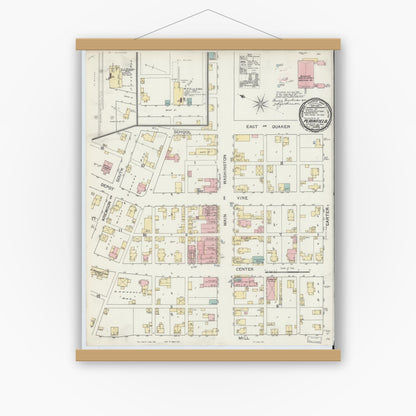 Old map wall art mockup — magnetic wood frame on white wall — Sanborn Fire Insurance Map from Plainfield, Hendricks County, Indiana (1893), Sheet #0001