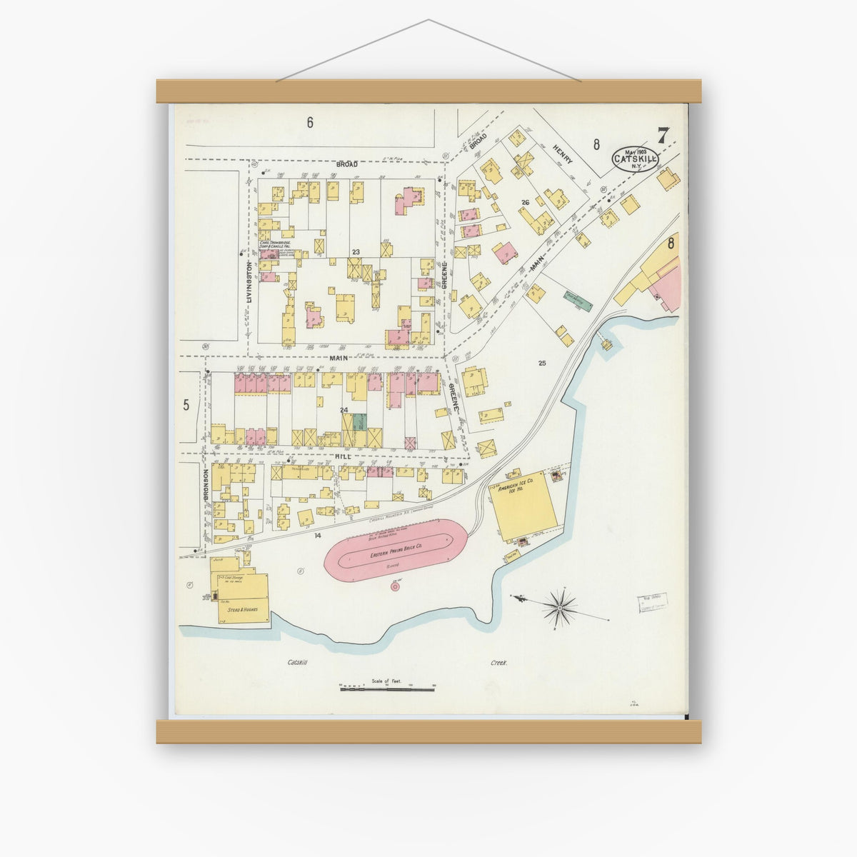 Old map wall art mockup — magnetic wood frame on white wall — Sanborn Fire Insurance Map from Catskill, Greene County, New York (1903), Sheet #0007