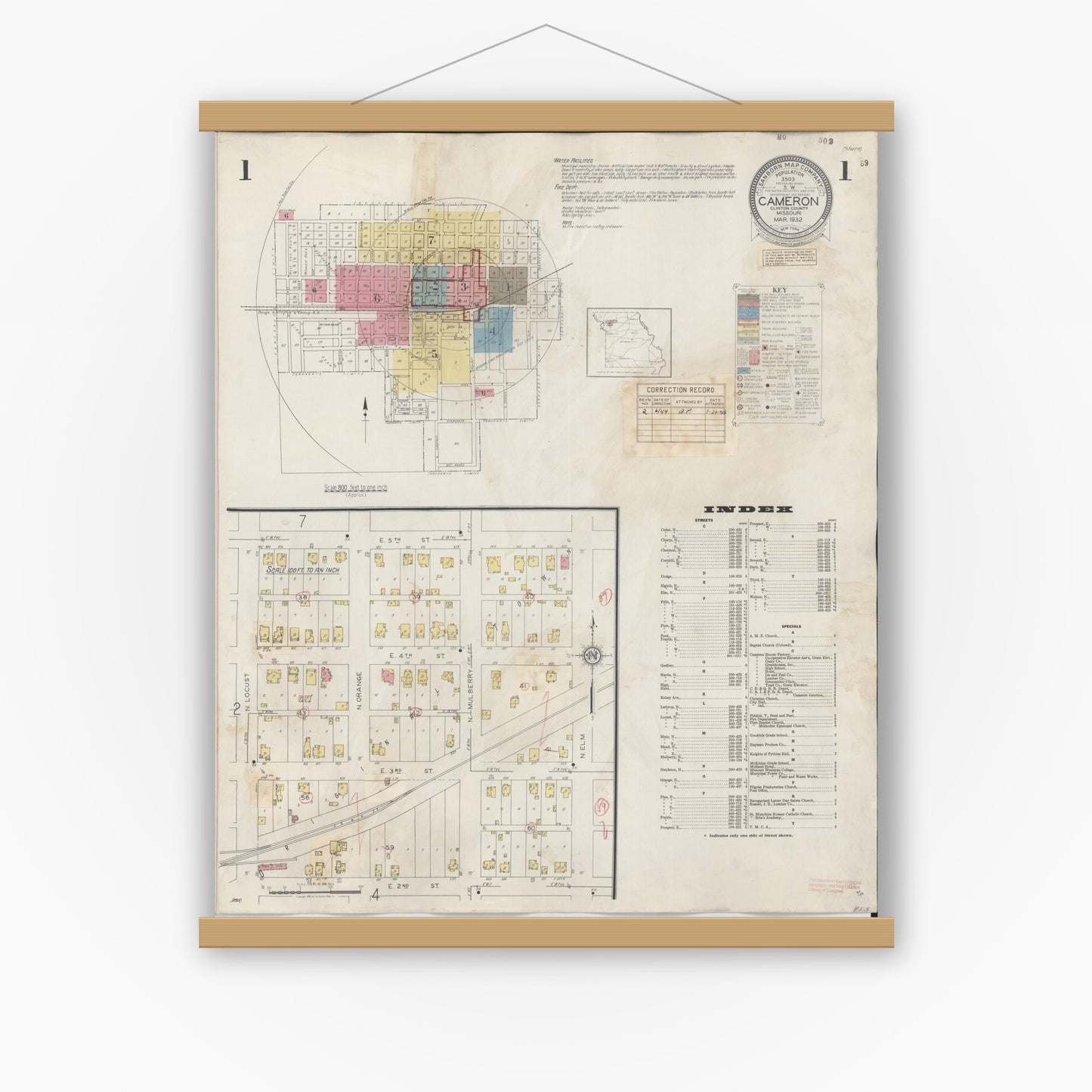 Old map wall art mockup — magnetic wood frame on white wall — Sanborn Fire Insurance Map from Cameron, Clinton County, Missouri (1944) - Complete Map Set