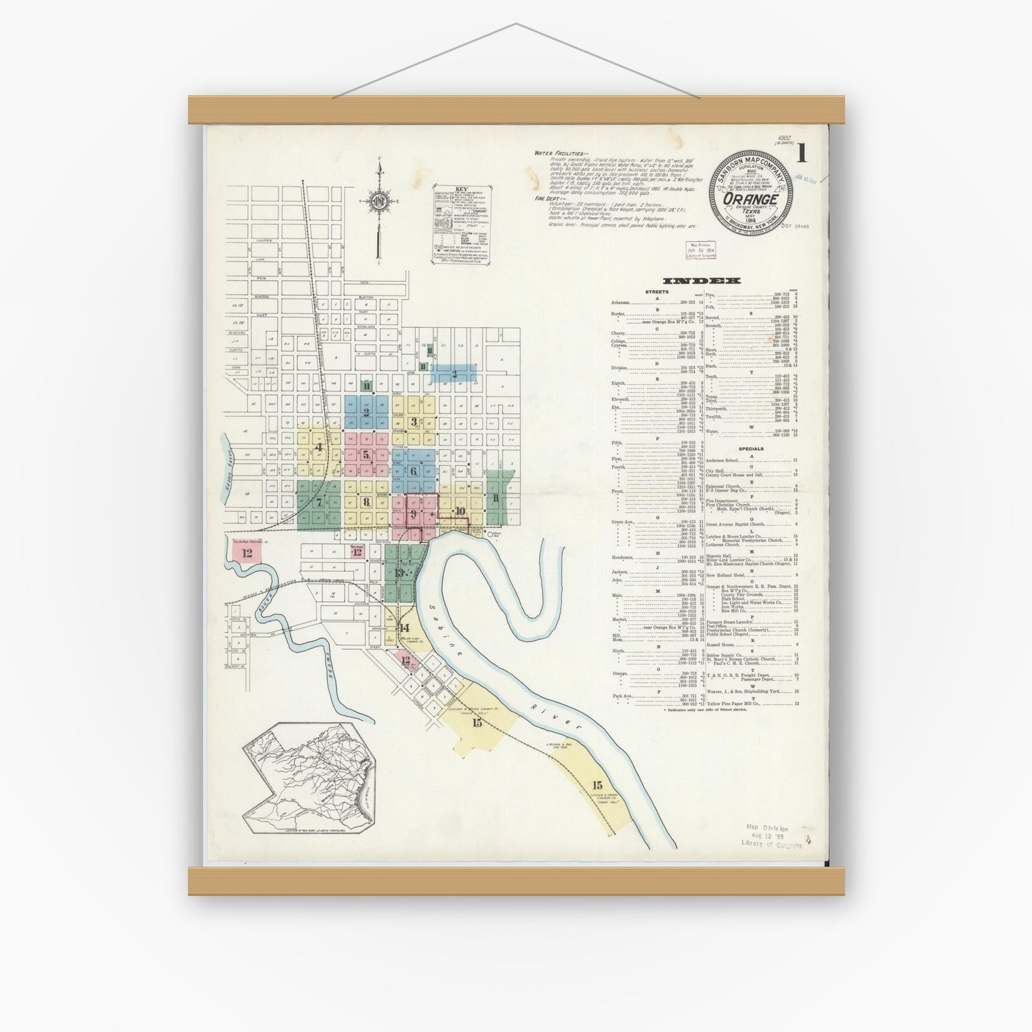 Old map wall art mockup — magnetic wood frame on white wall — Sanborn Fire Insurance Map from Orange, Orange County, Texas (1914), Sheet #0001