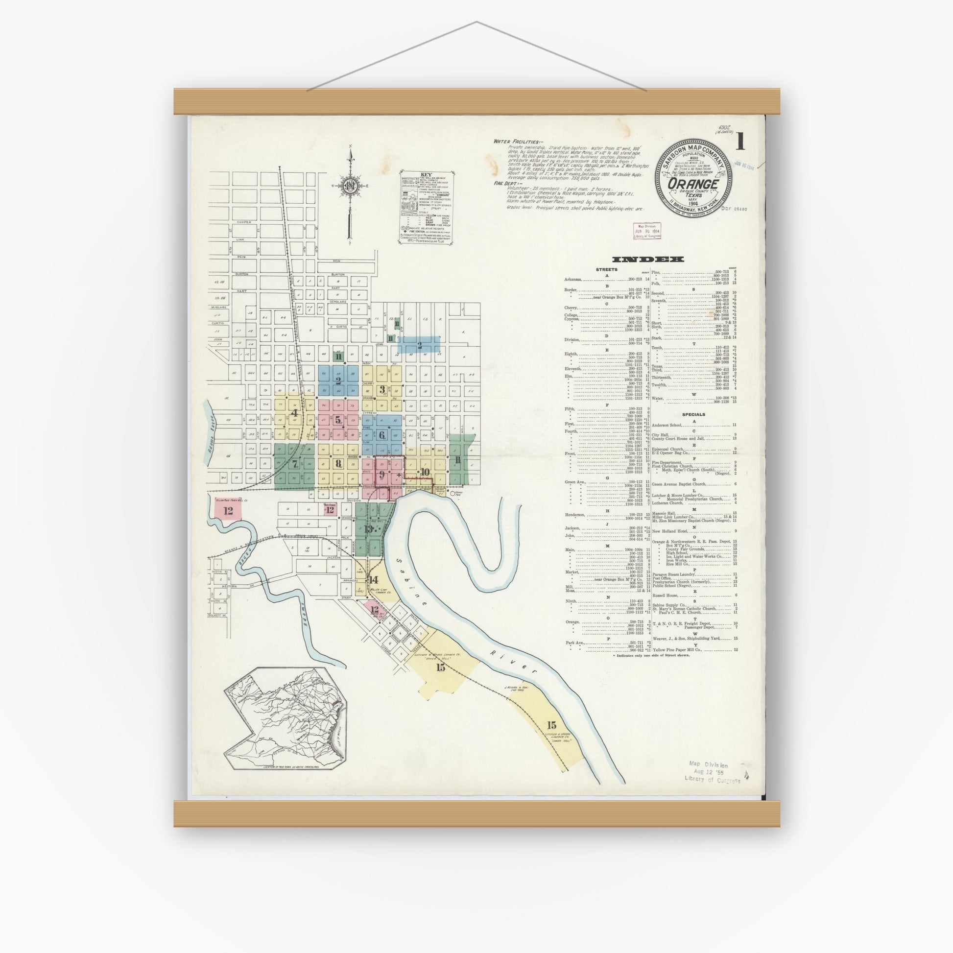 Old map wall art mockup — magnetic wood frame on white wall — Sanborn Fire Insurance Map from Orange, Orange County, Texas (1914), Sheet #0001
