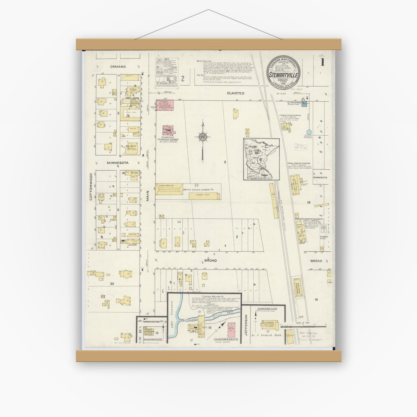 Old map wall art mockup — magnetic wood frame on white wall — Sanborn Fire Insurance Map from Stewartville, Olmsted County, Minnesota (1915) - Complete Map Set
