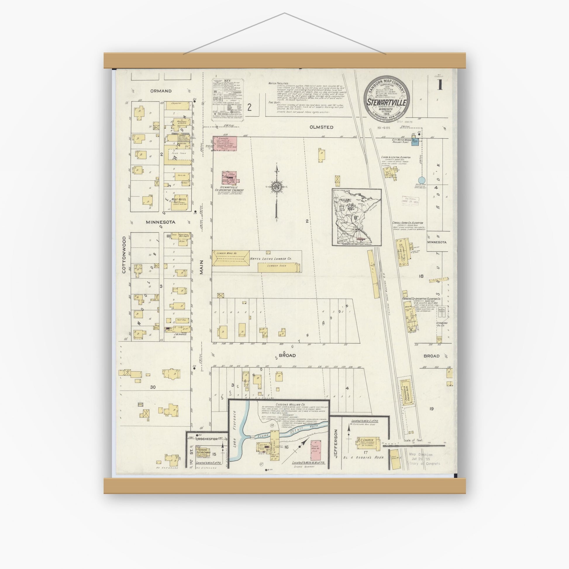Old map wall art mockup — magnetic wood frame on white wall — Sanborn Fire Insurance Map from Stewartville, Olmsted County, Minnesota (1915) - Complete Map Set