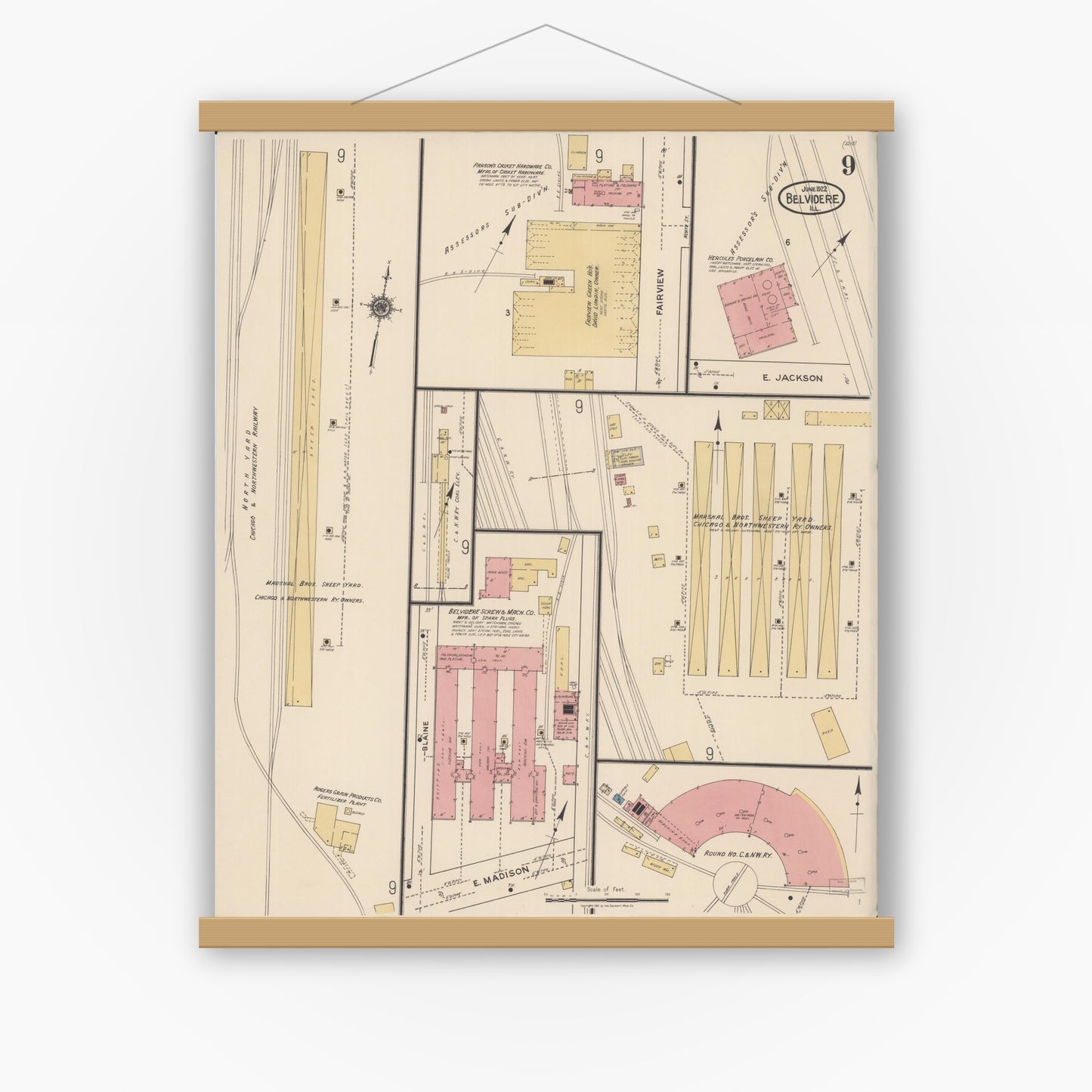 Old map wall art mockup — magnetic wood frame on white wall — Sanborn Fire Insurance Map from Belvidere, Boone County, Illinois (1922), Sheet #0009