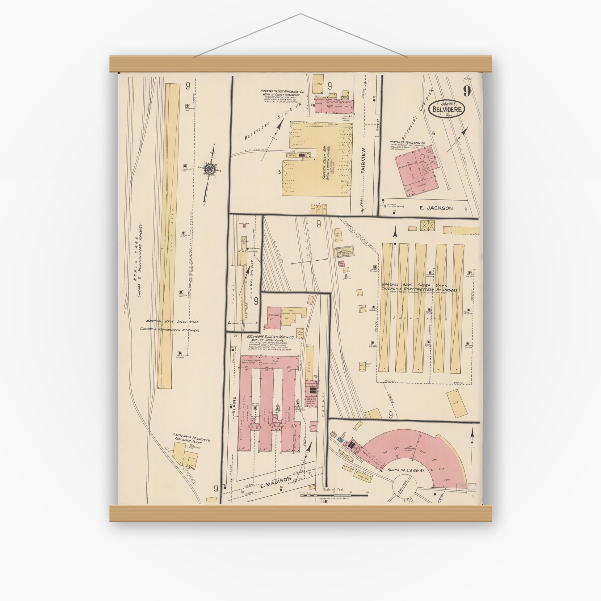 Old map wall art mockup — magnetic wood frame on white wall — Sanborn Fire Insurance Map from Belvidere, Boone County, Illinois (1922), Sheet #0009