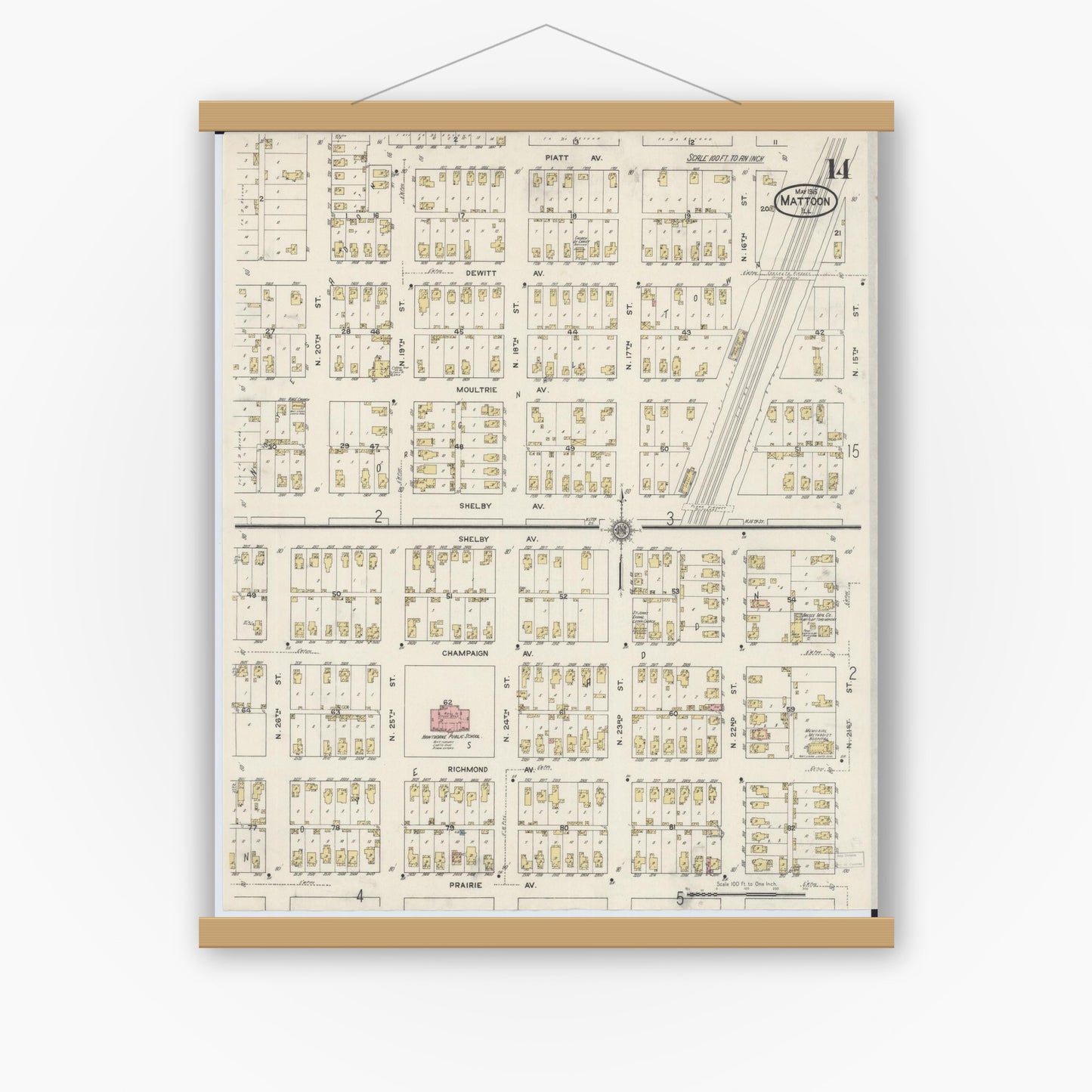 Old map wall art mockup — magnetic wood frame on white wall — Sanborn Fire Insurance Map from Mattoon, Coles County, Illinois (1915), Sheet #0014