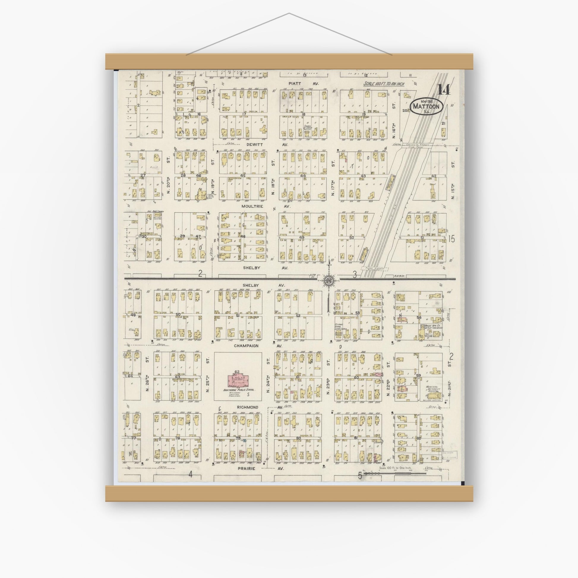 Old map wall art mockup — magnetic wood frame on white wall — Sanborn Fire Insurance Map from Mattoon, Coles County, Illinois (1915), Sheet #0014