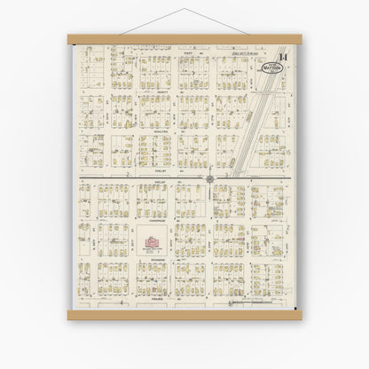 Old map wall art mockup — magnetic wood frame on white wall — Sanborn Fire Insurance Map from Mattoon, Coles County, Illinois (1915), Sheet #0014