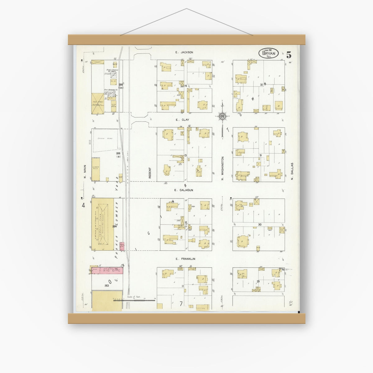 Old map wall art mockup — magnetic wood frame on white wall — Sanborn Fire Insurance Map from Bryan, Brazos County, Texas (1912), Sheet #0005